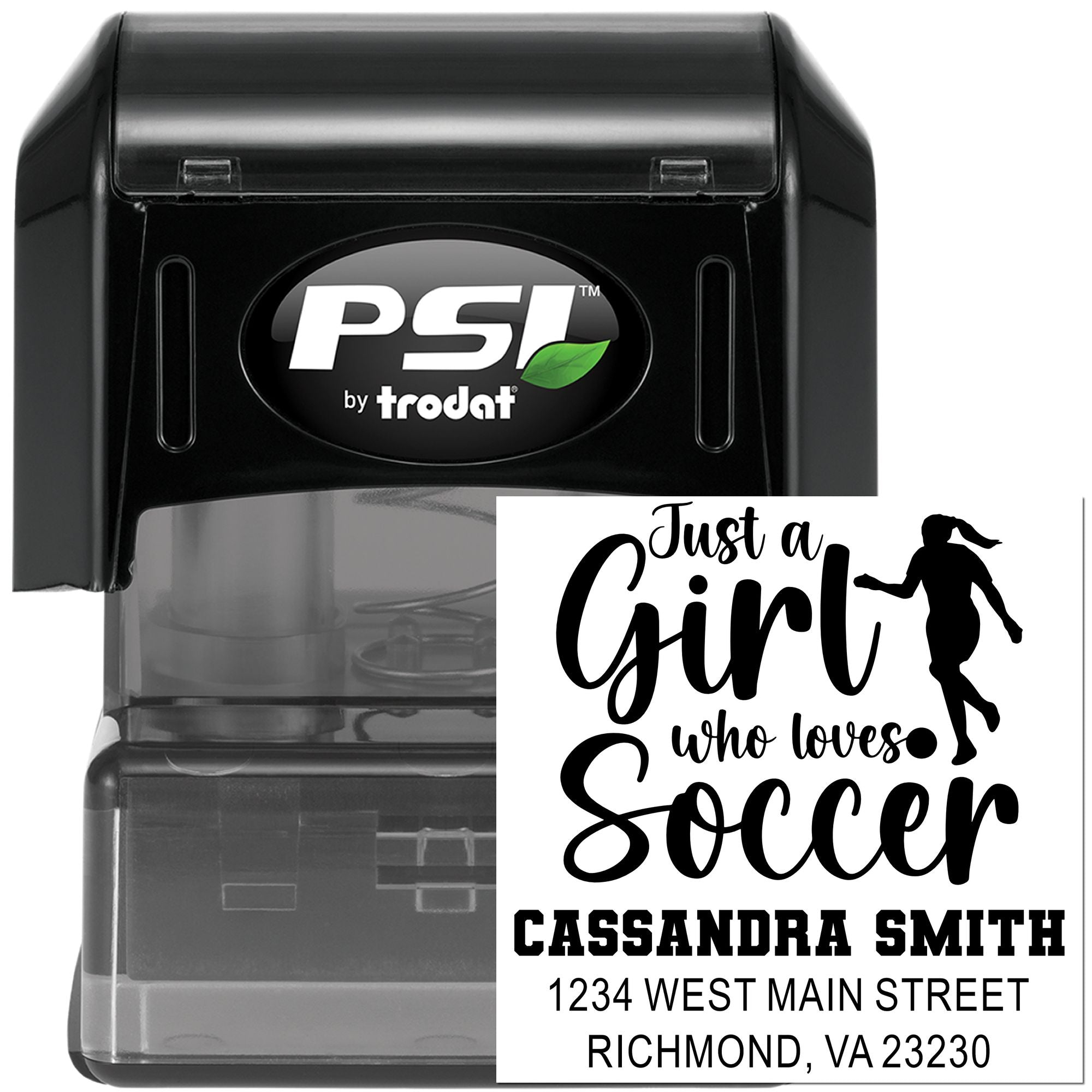 PSI by Trodat self-inking rubber stamp with Just a Girl Who Loves Soccer custom name and return address design for personalized mail.