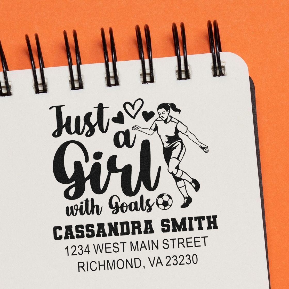 Custom rubber stamp design for a girls soccer fan, reading Just a Girl with Goals with personalized name and address.