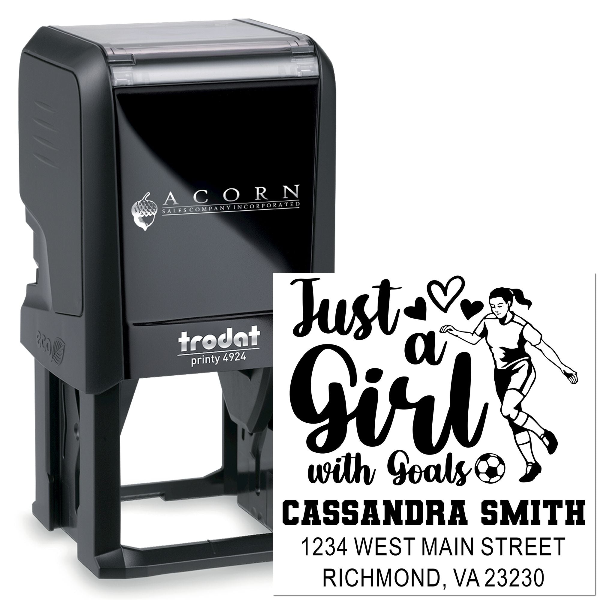 Custom self-inking rubber stamp with soccer-themed Just a Girl with Goals design and personalized return address imprint.