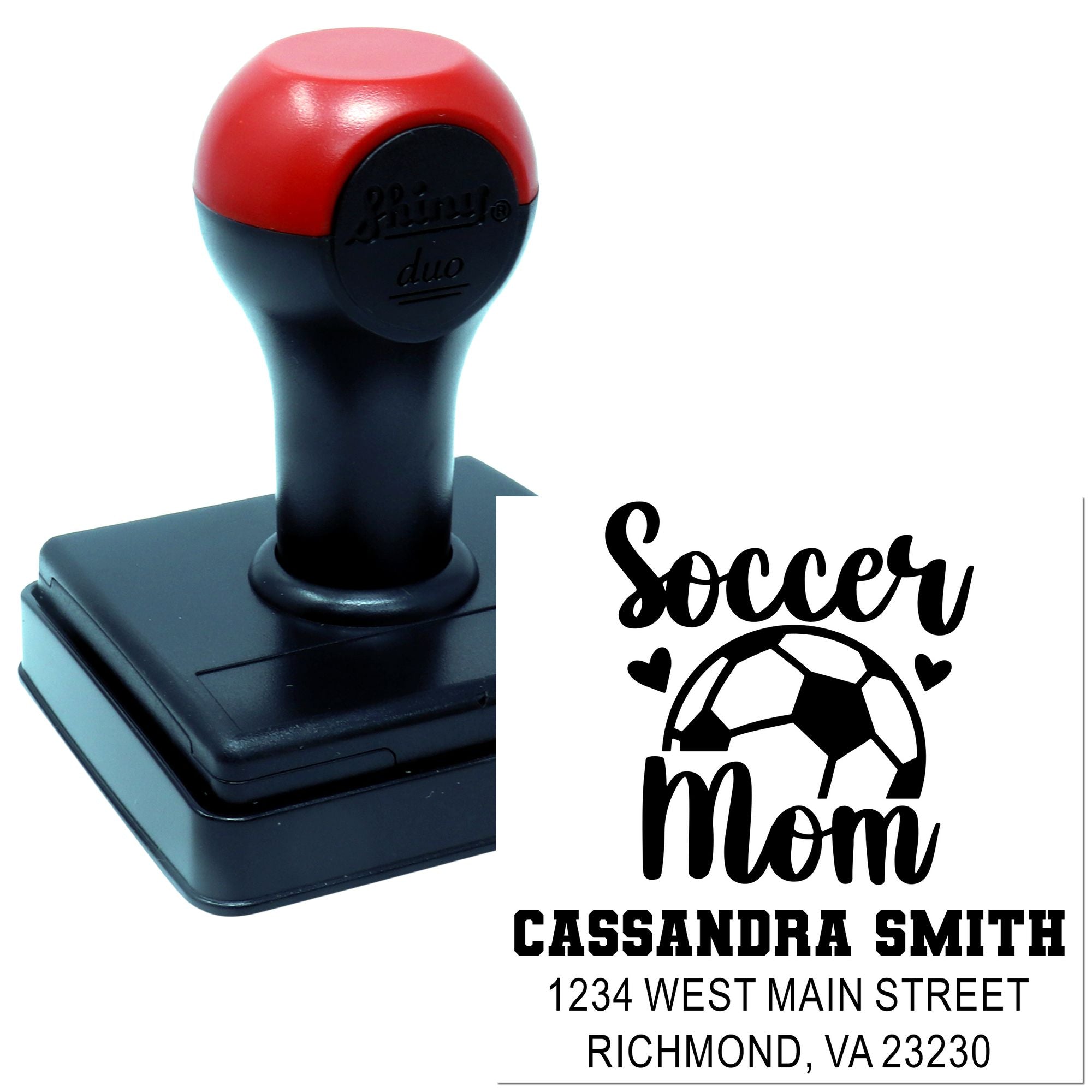 Custom soccer mom rubber stamp with self-inking address stamp design for personalized mailing and return addresses
