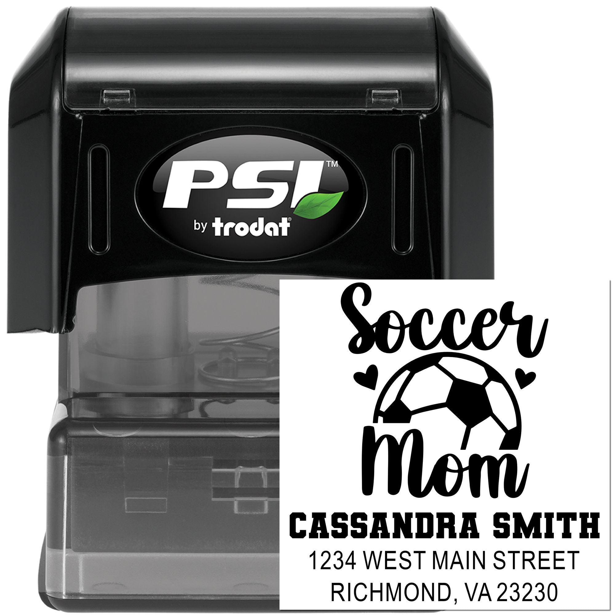 Custom self-inking rubber stamp with soccer mom design, name, and address, by PSI by Trodat.