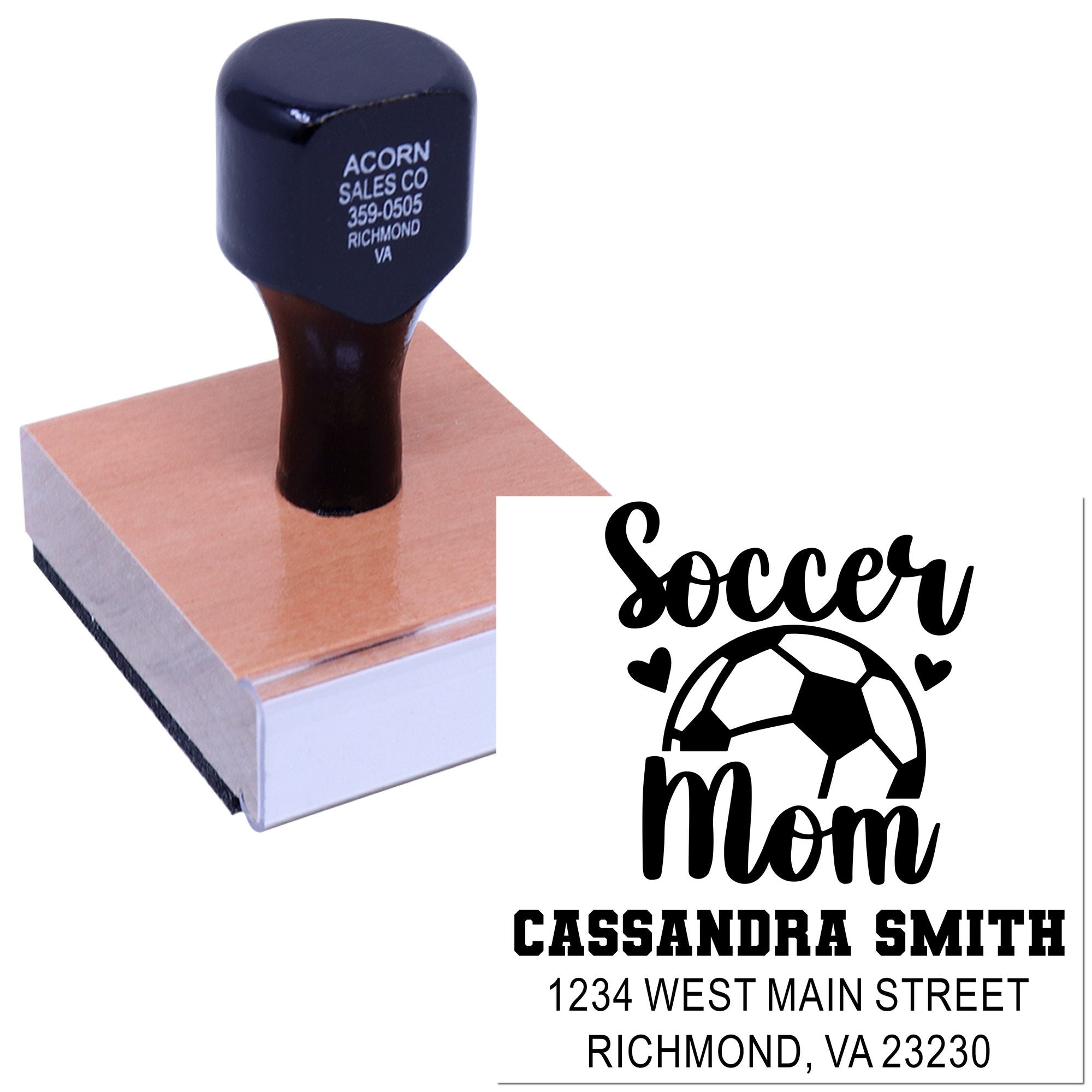 Custom address rubber stamp for soccer mom, featuring a soccer ball design and personalized name for mailing.