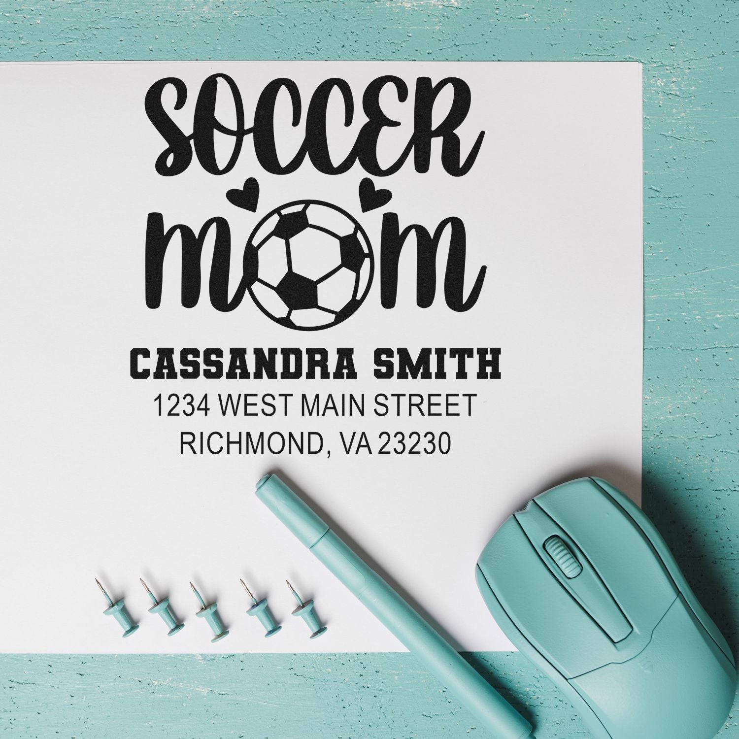 Custom soccer mom address rubber stamp with name and Richmond, VA return address for personalized mailing.