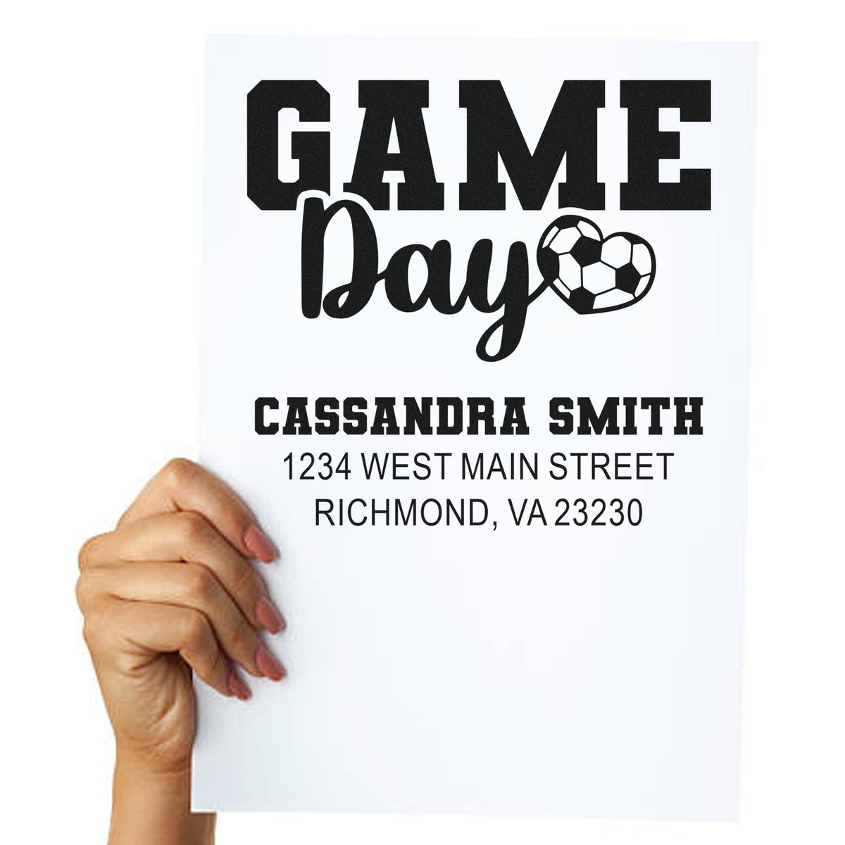 Custom Game Day rubber stamp with soccer heart, Cassandra Smith, and Richmond, VA address.