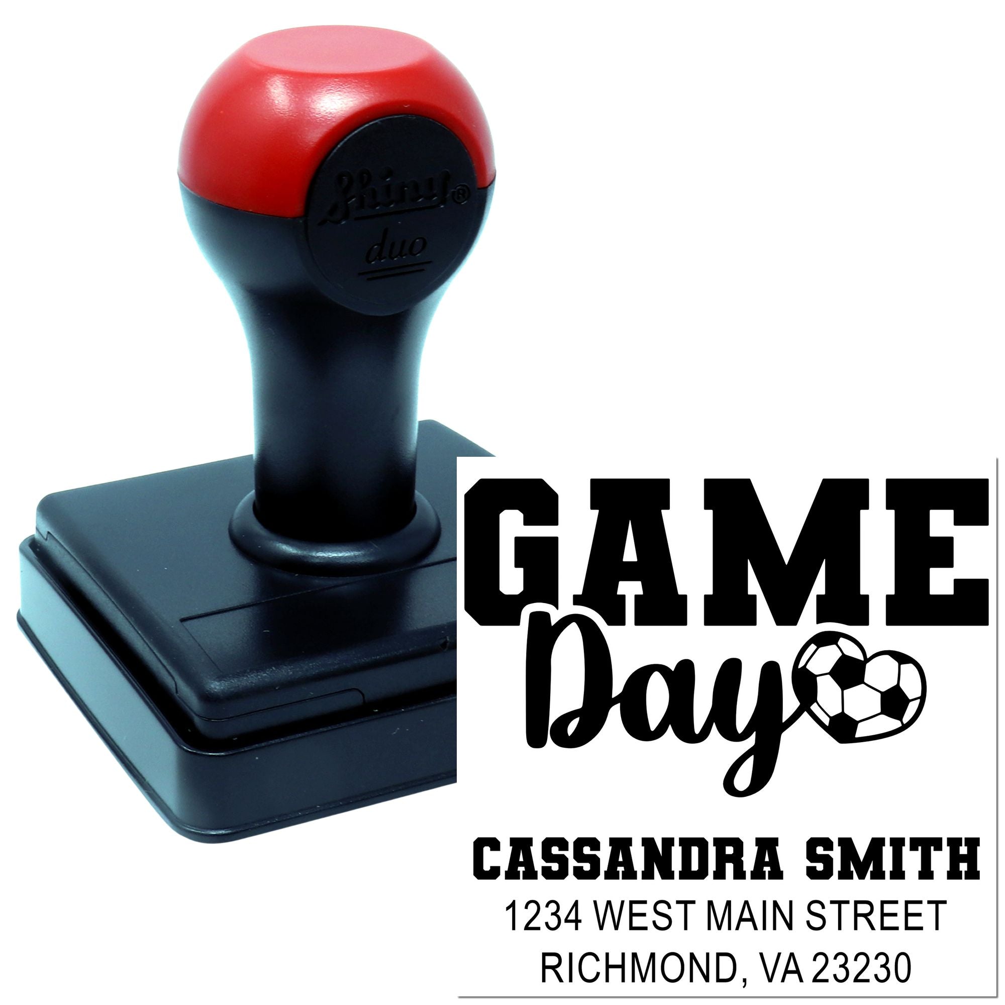 Custom Game Day rubber stamp with soccer ball design and address, ideal for personalized sports invitations and packaging.