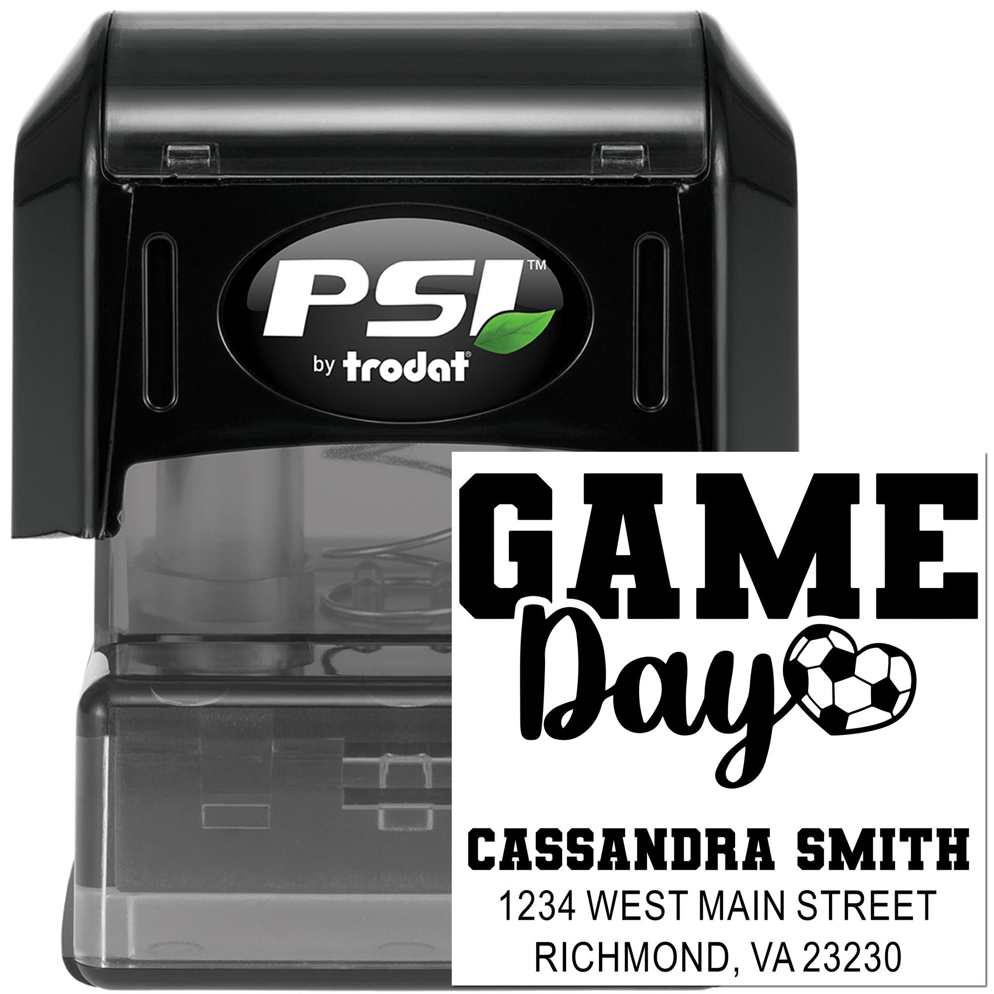 Personalized self-inking rubber stamp with Game Day soccer design, name and address, by PSI Trodat.