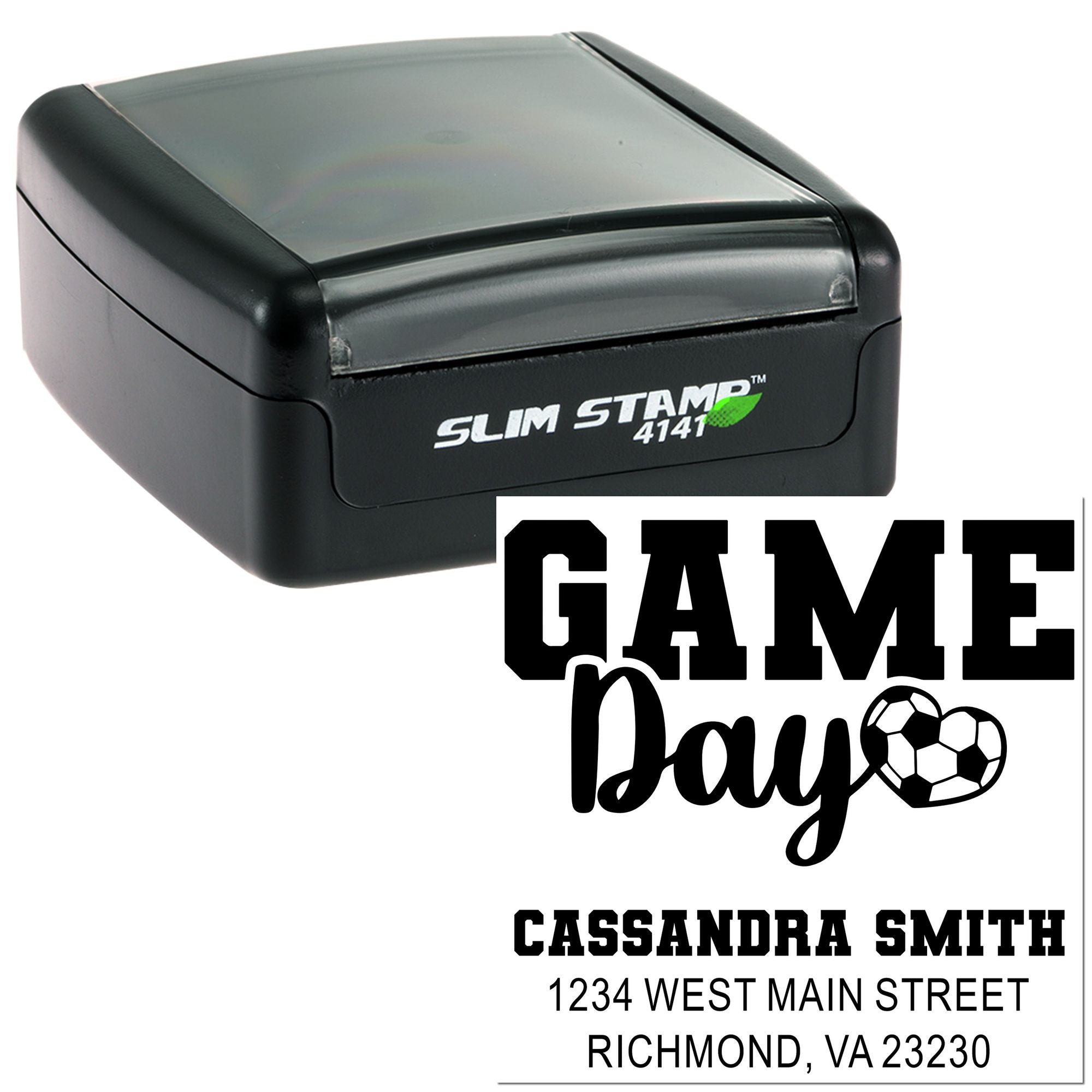 Custom game day address rubber stamp with slim stamp and football design for Cassandra Smith in Richmond, VA.