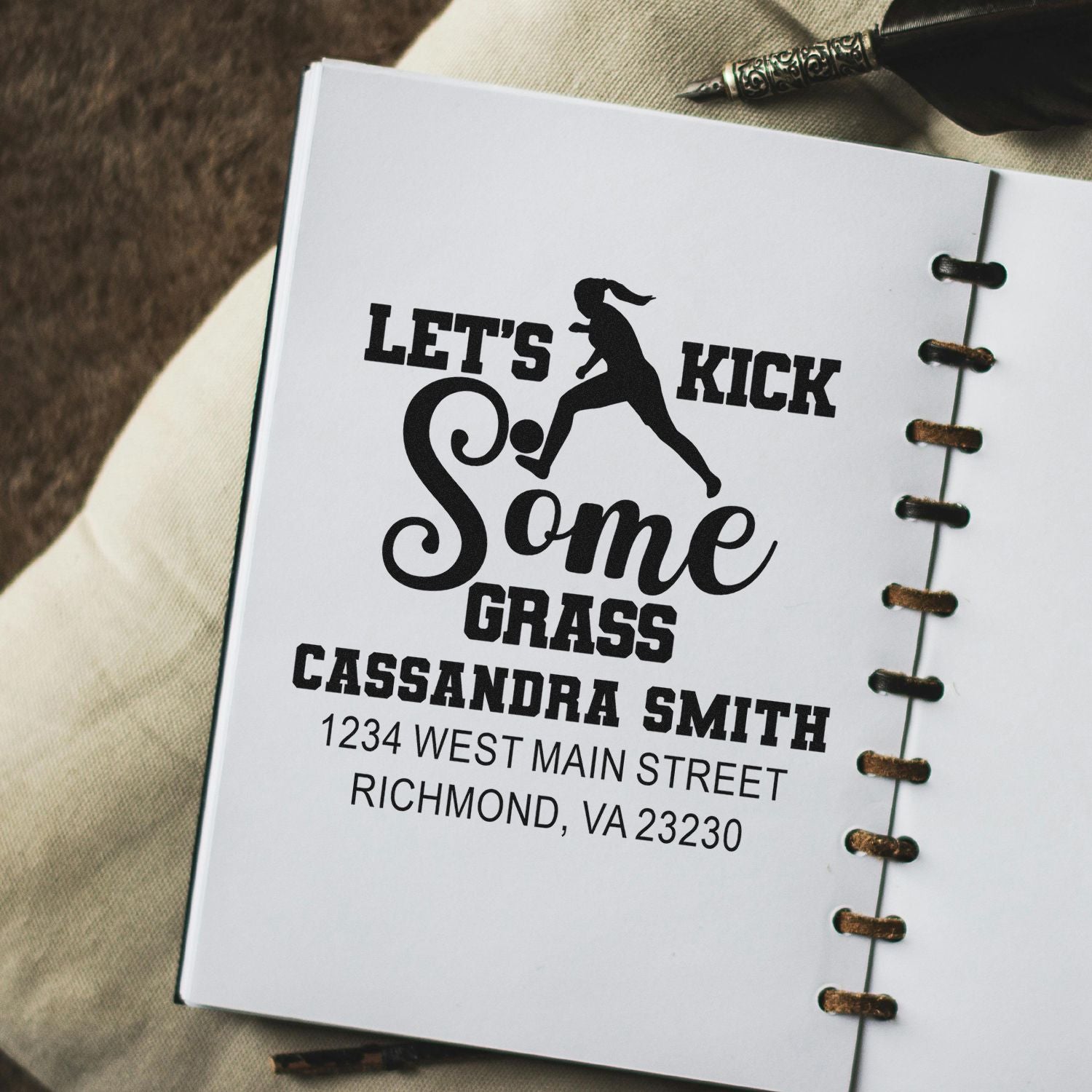 Custom soccer-themed return address rubber stamp with Lets Kick Some Grass design, name, and Richmond, VA address.