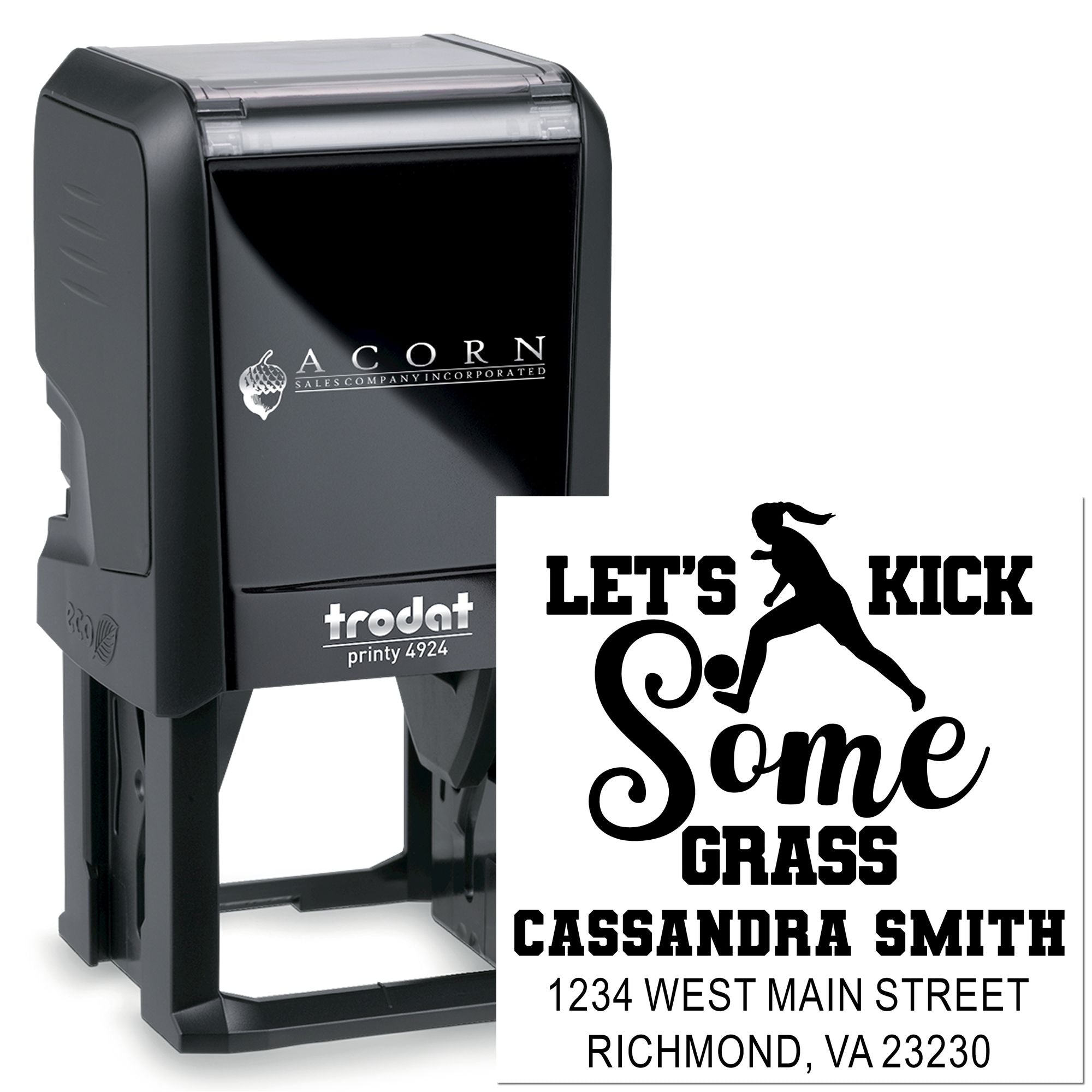 Trodat Printy 4924 self-inking rubber stamp with custom Lets Kick Some Grass design, name, and return address imprint.