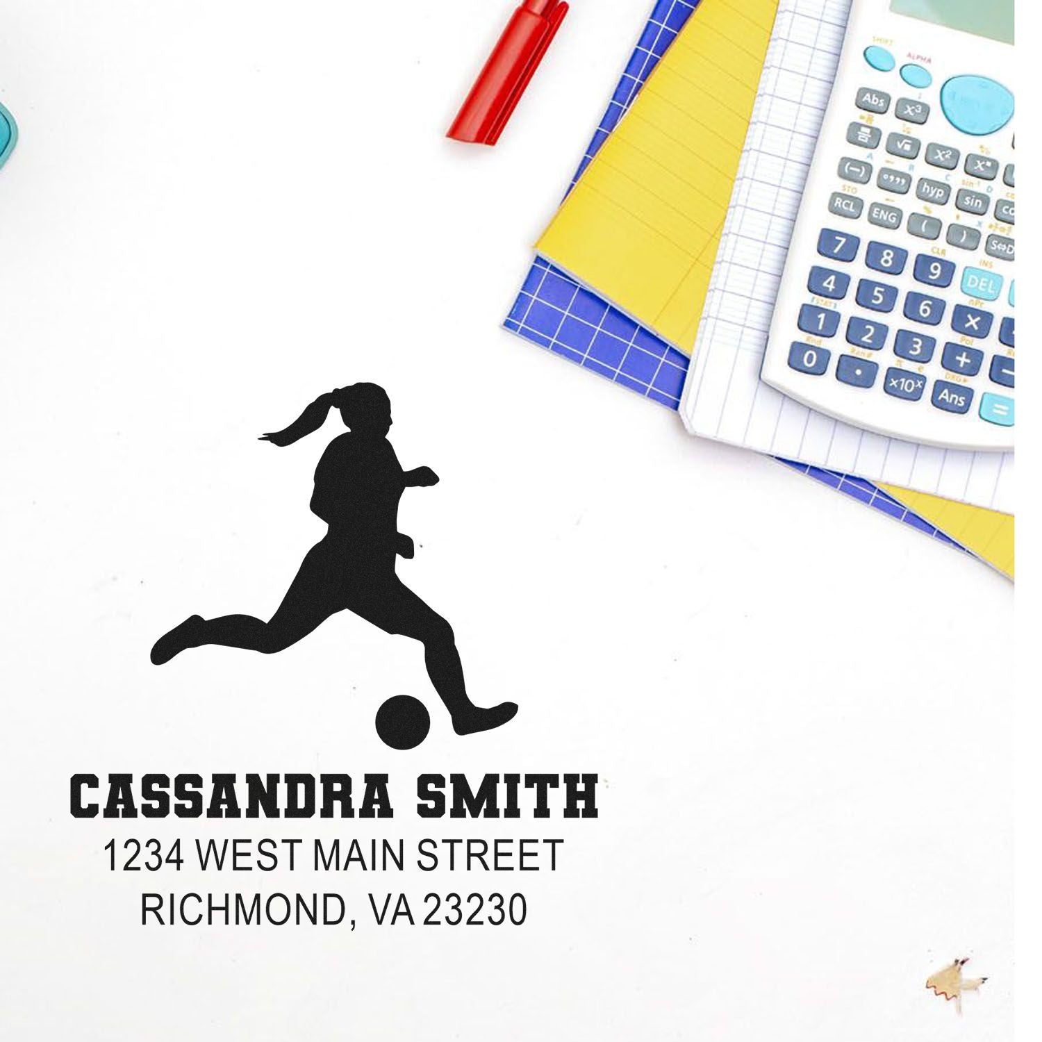 Personalized soccer player address rubber stamp with Cassandra Smith name and Richmond, VA mailing address.