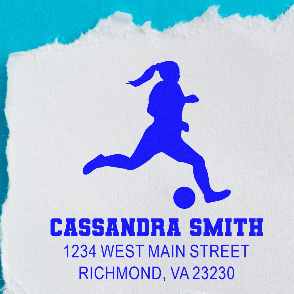 Custom rubber return address stamp with soccer player logo, Cassandra Smith name, and Richmond, VA address.