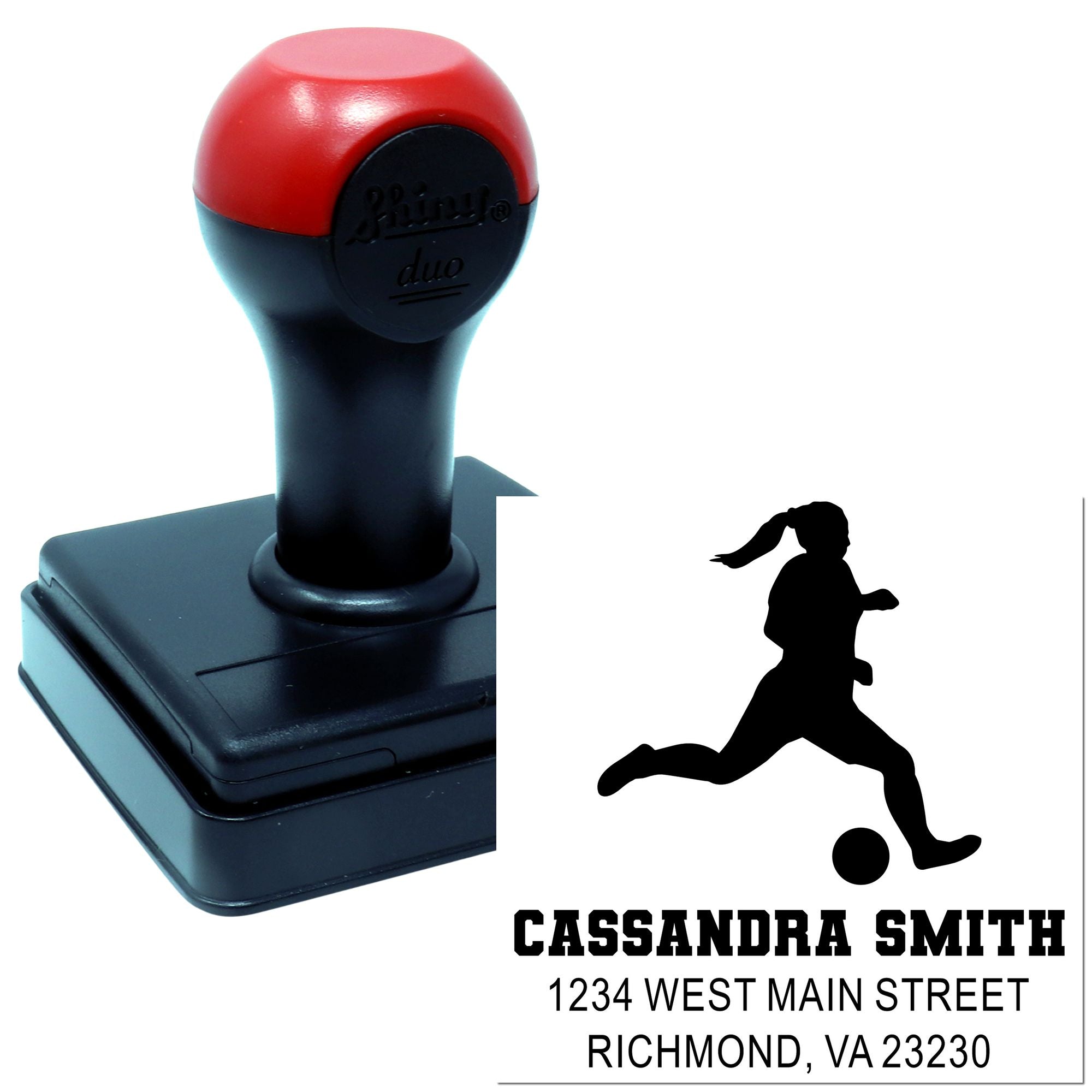 Custom self-inking rubber stamp with soccer player design and address label for personalized mailing and sports club use.