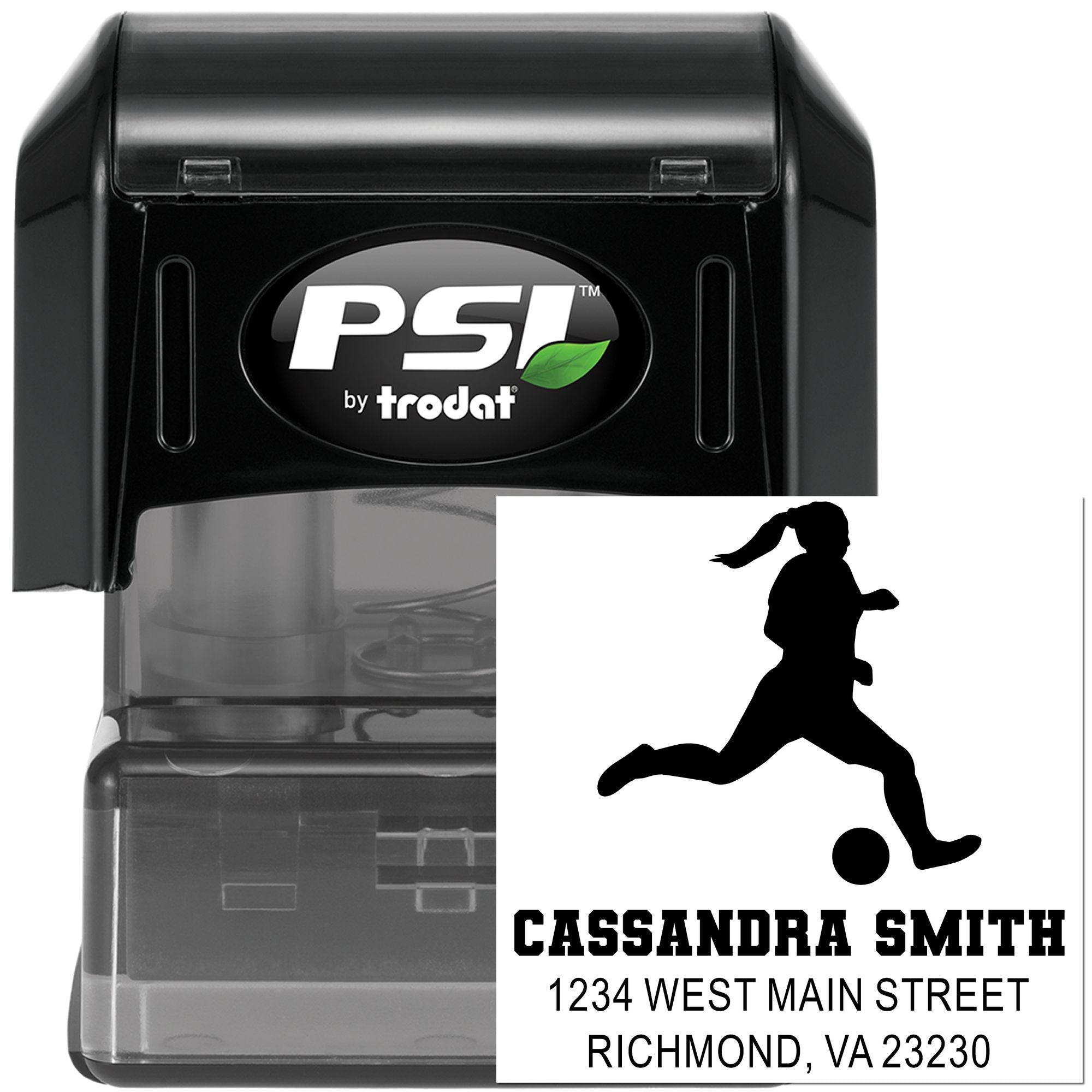 PSI by Trodat self-inking rubber stamp with custom soccer return address imprint for Cassandra Smith.
