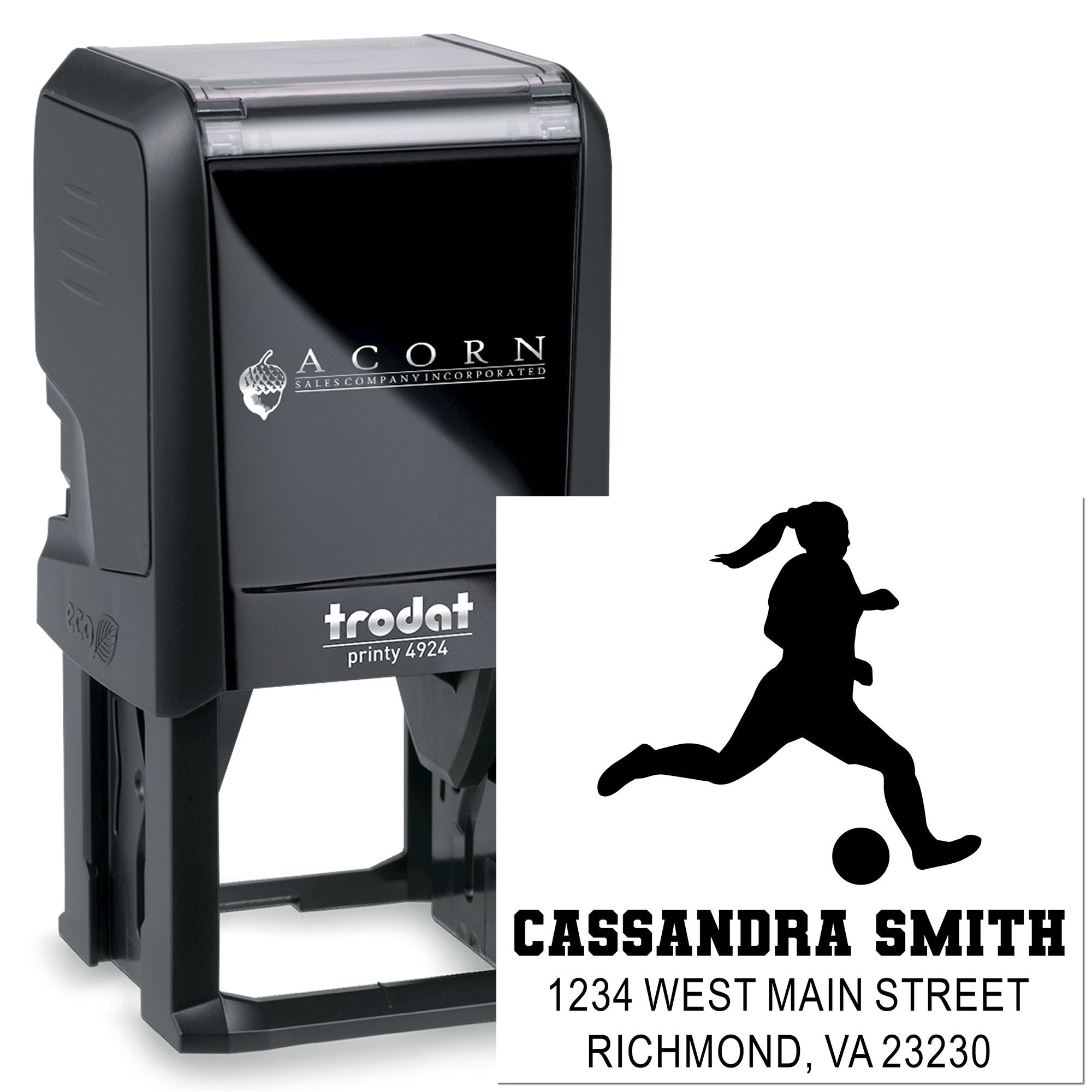 Custom self-inking rubber stamp for soccer player address labels, featuring name, street address, city, state, and ZIP code.