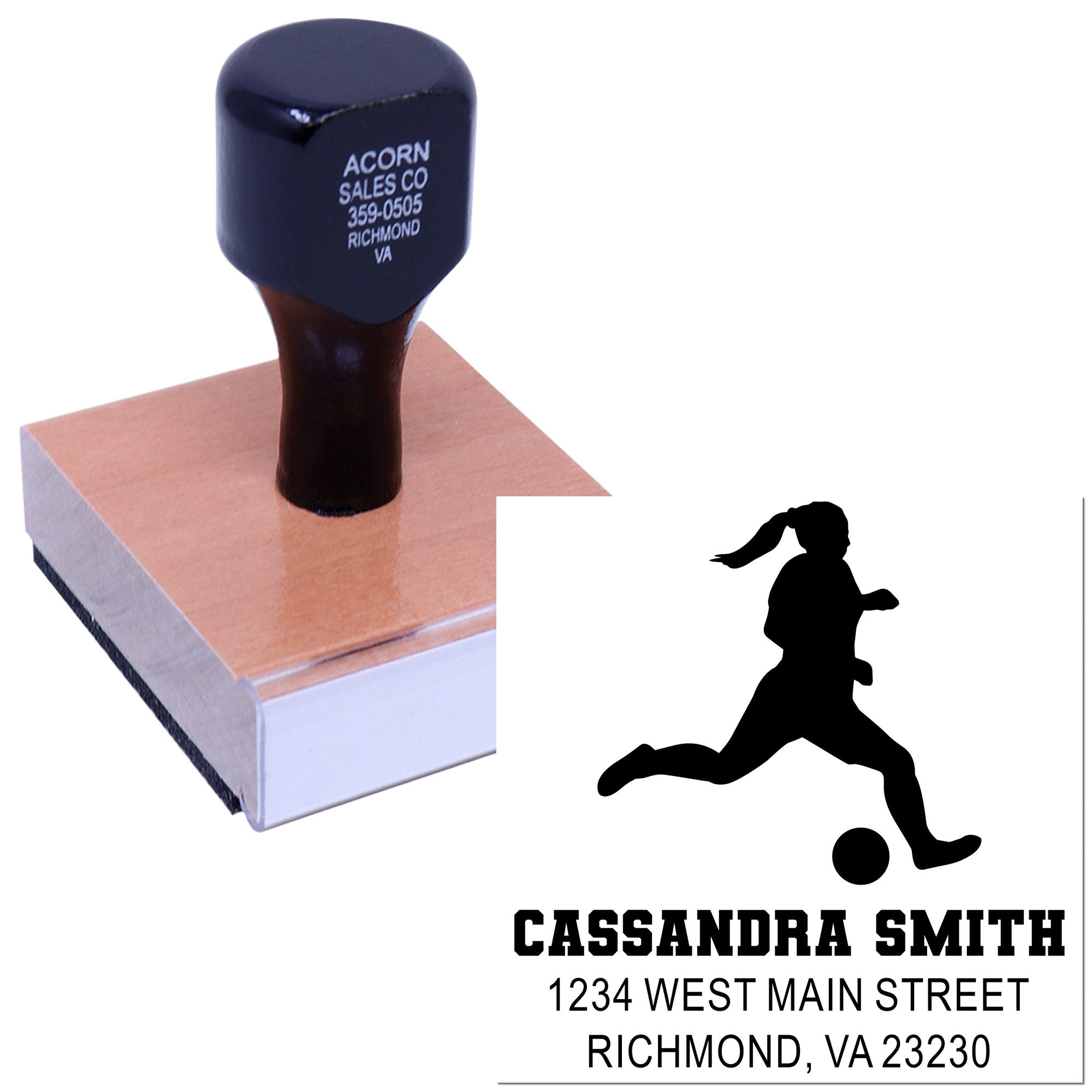 Custom rubber stamp with soccer player silhouette and return address for personalized family or team stationery.