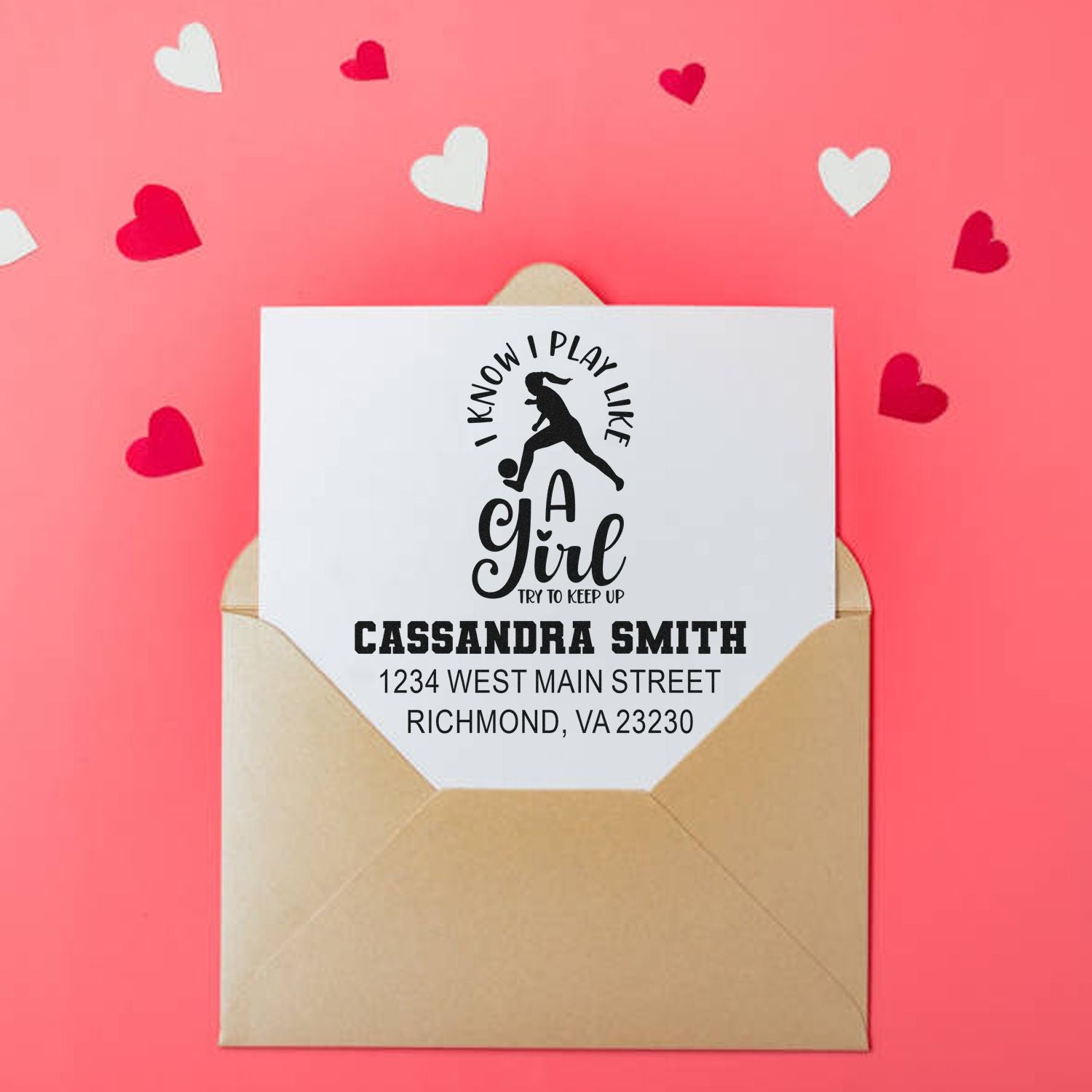 Custom rubber stamp return address design with I Know I Play Like a Girl sports graphic and personalized name and address.