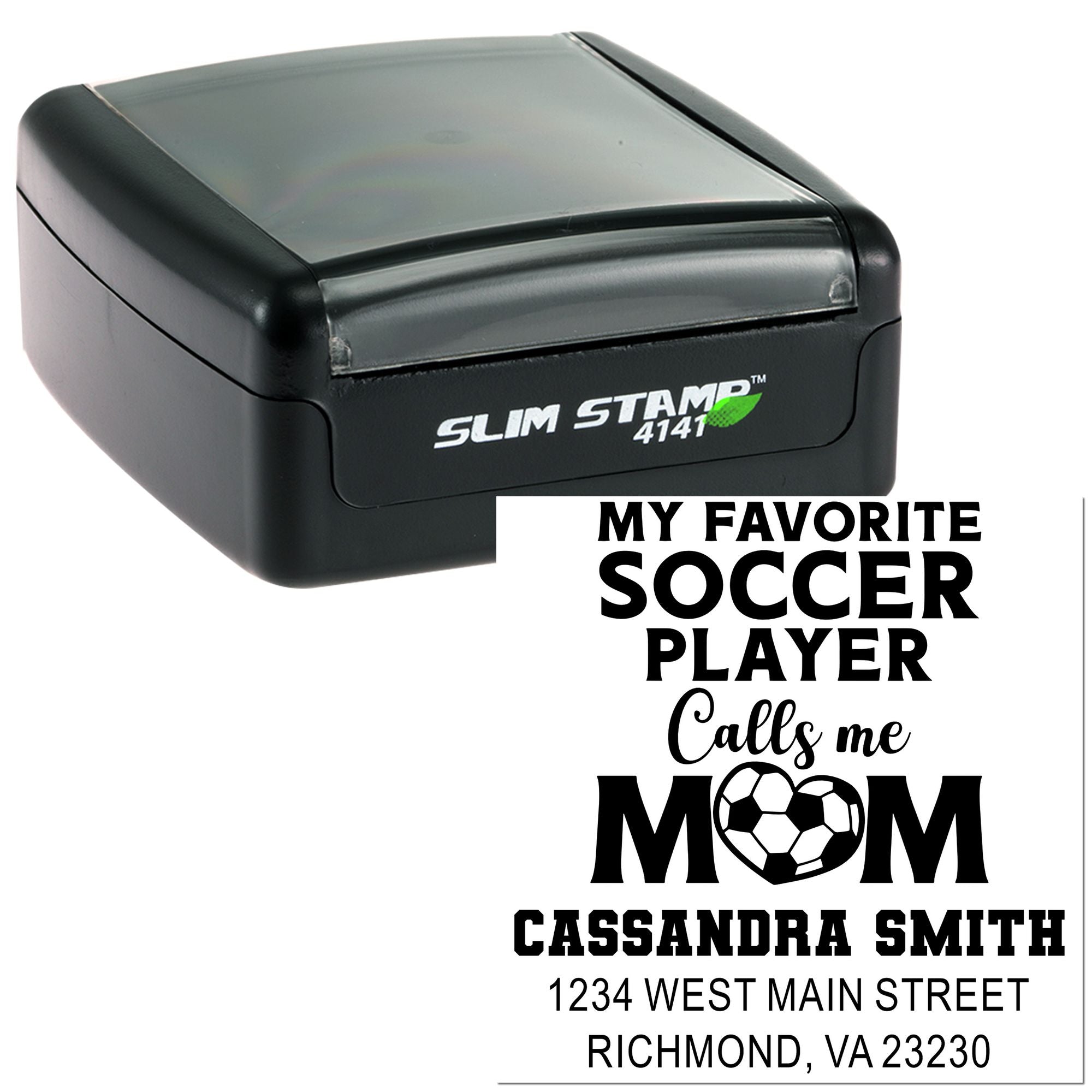 Self-inking Slim Stamp 4141 custom rubber stamp for soccer mom name and address imprint.