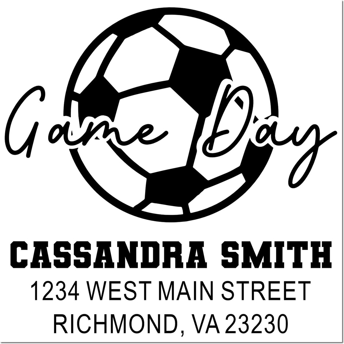 Custom game day soccer return address rubber stamp for Cassandra Smith, Richmond, VA 23230