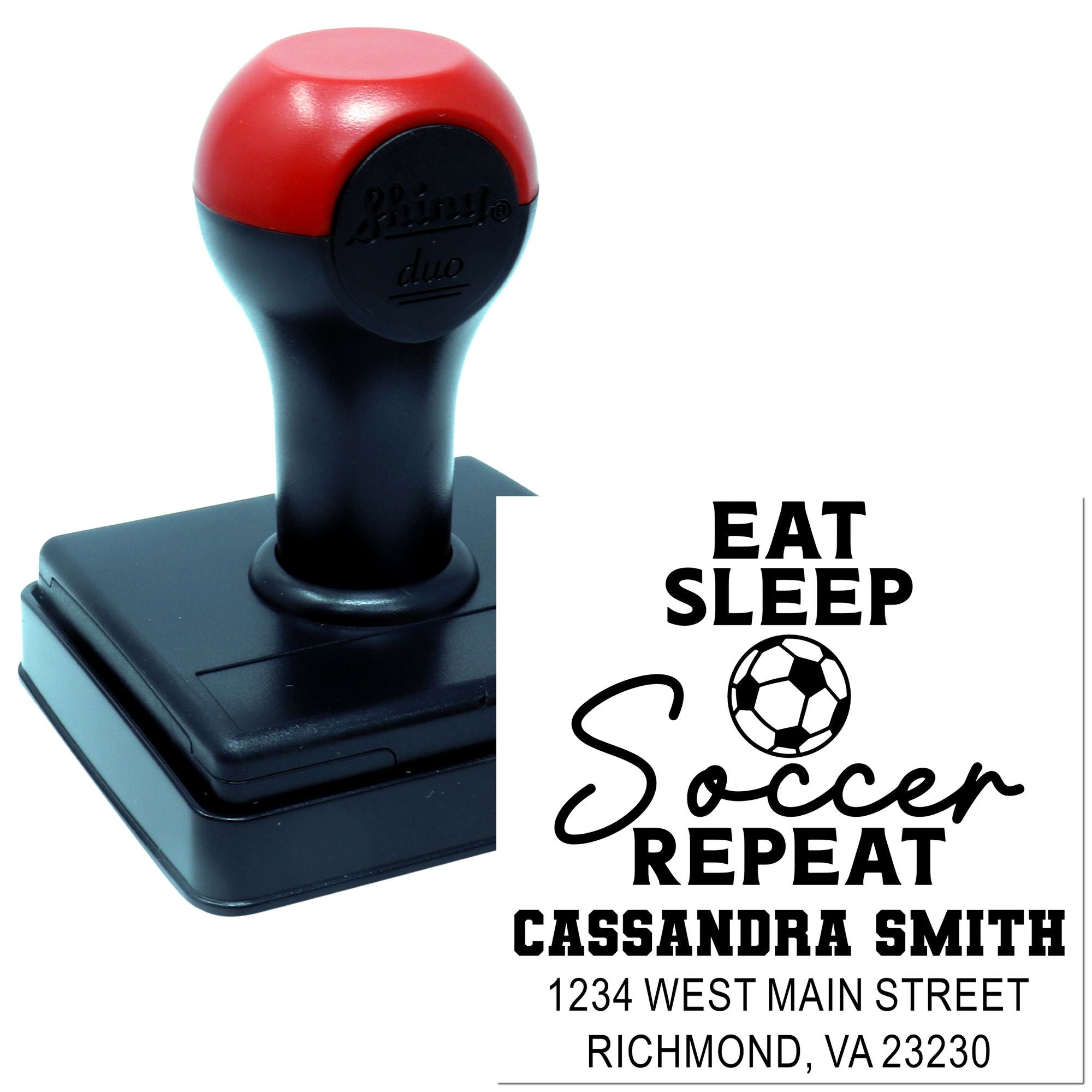 Custom self-inking rubber stamp with Eat Sleep Soccer Repeat soccer design, personalized name, and address.