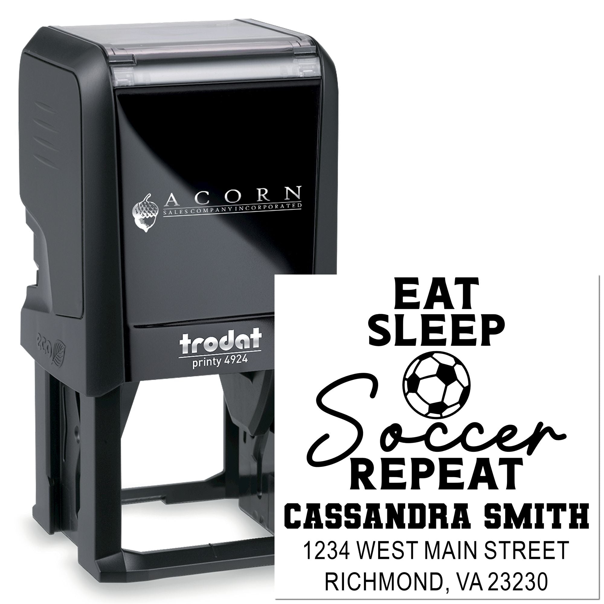 Custom self-inking rubber stamp with soccer slogan, name and address, featuring Trodat Printy 4924 for personalized branding.