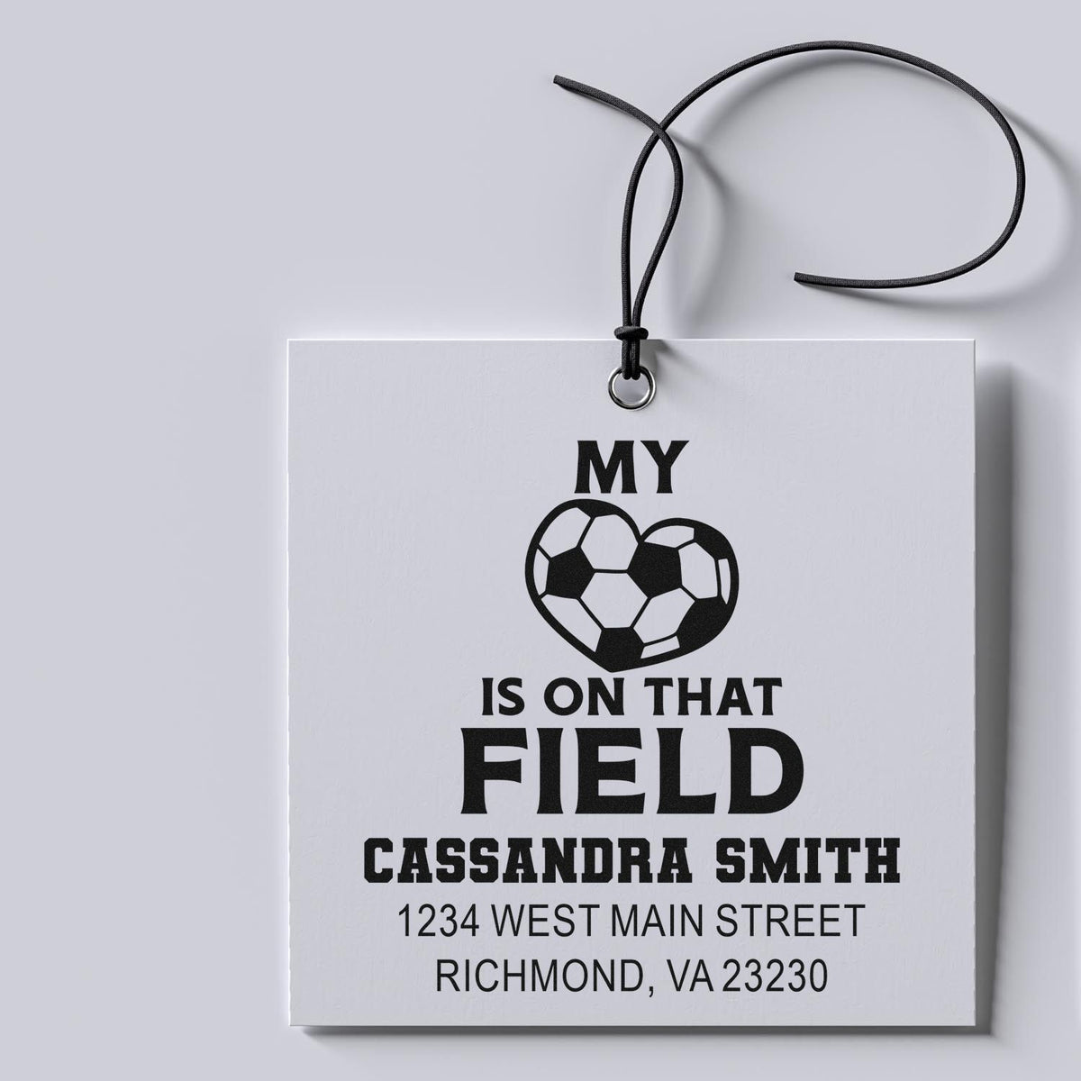 Custom soccer rubber stamp with personalized name and address, featuring a My heart is on that field design.