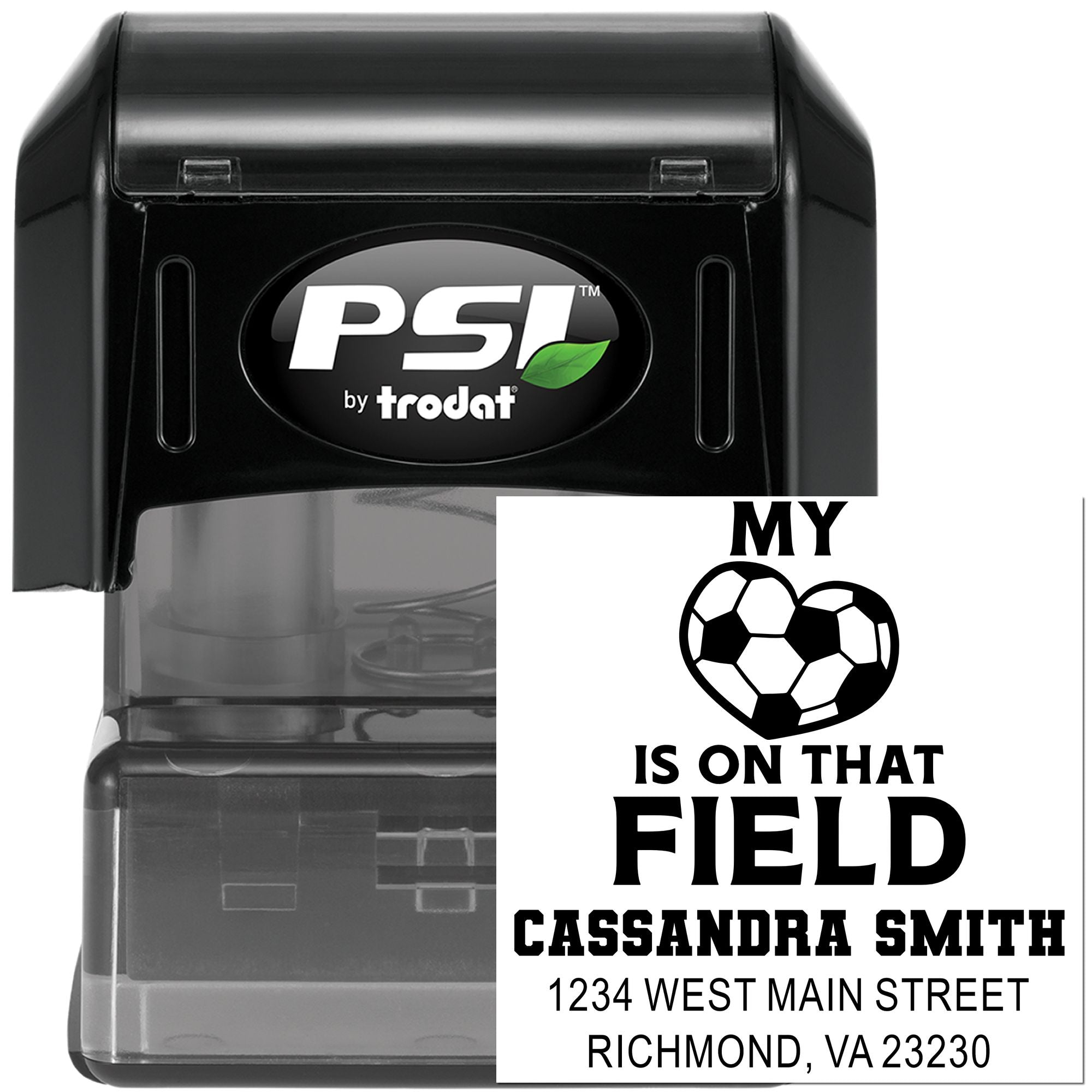 PSI by Trodat self-inking custom rubber stamp with soccer heart design, name, and address imprint