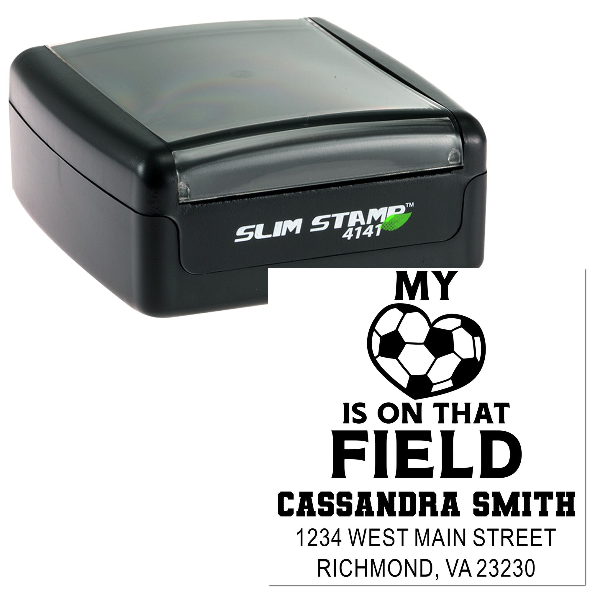 Custom self-inking rubber stamp with soccer heart design and address text for personalized field-themed stamping.