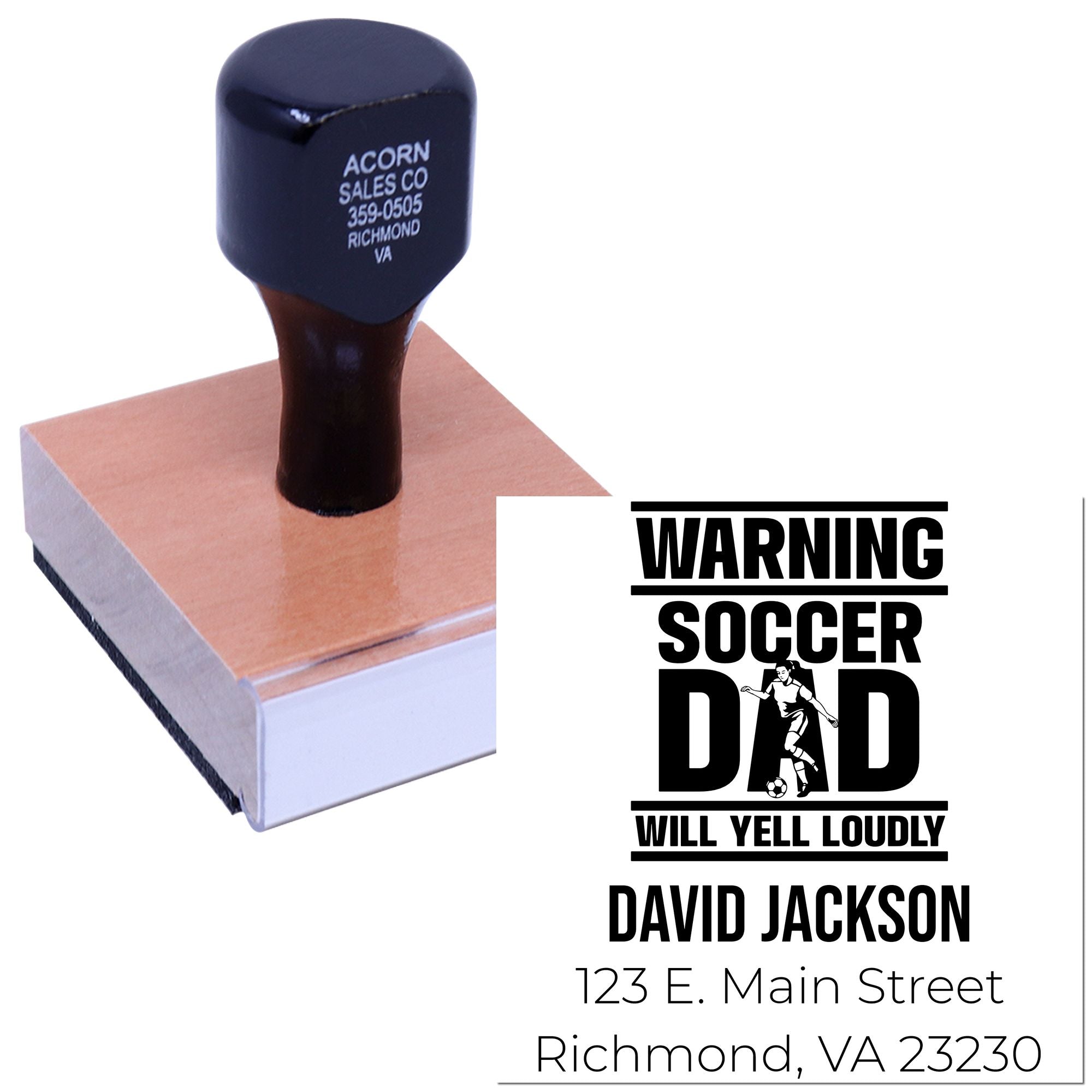 Custom rubber stamp preview with soccer dad warning message, personalized name, and address imprint.