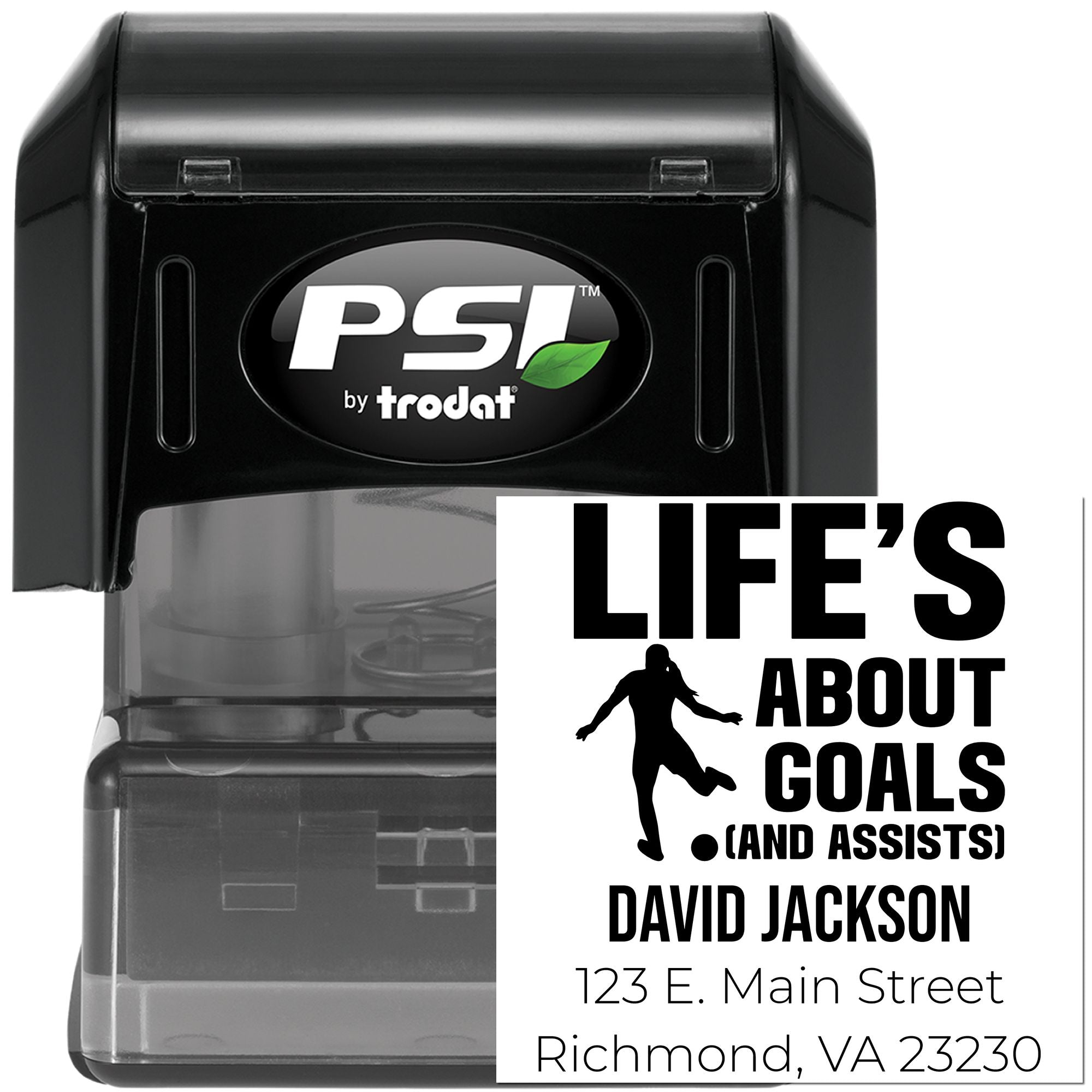 Custom PSI by Trodat self-inking rubber stamp with personalized soccer quote, name, and address for branding.