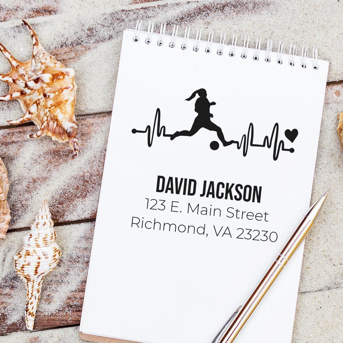 Custom rubber stamp mockup with runner heartbeat design and return address for David Jackson, Richmond, VA.