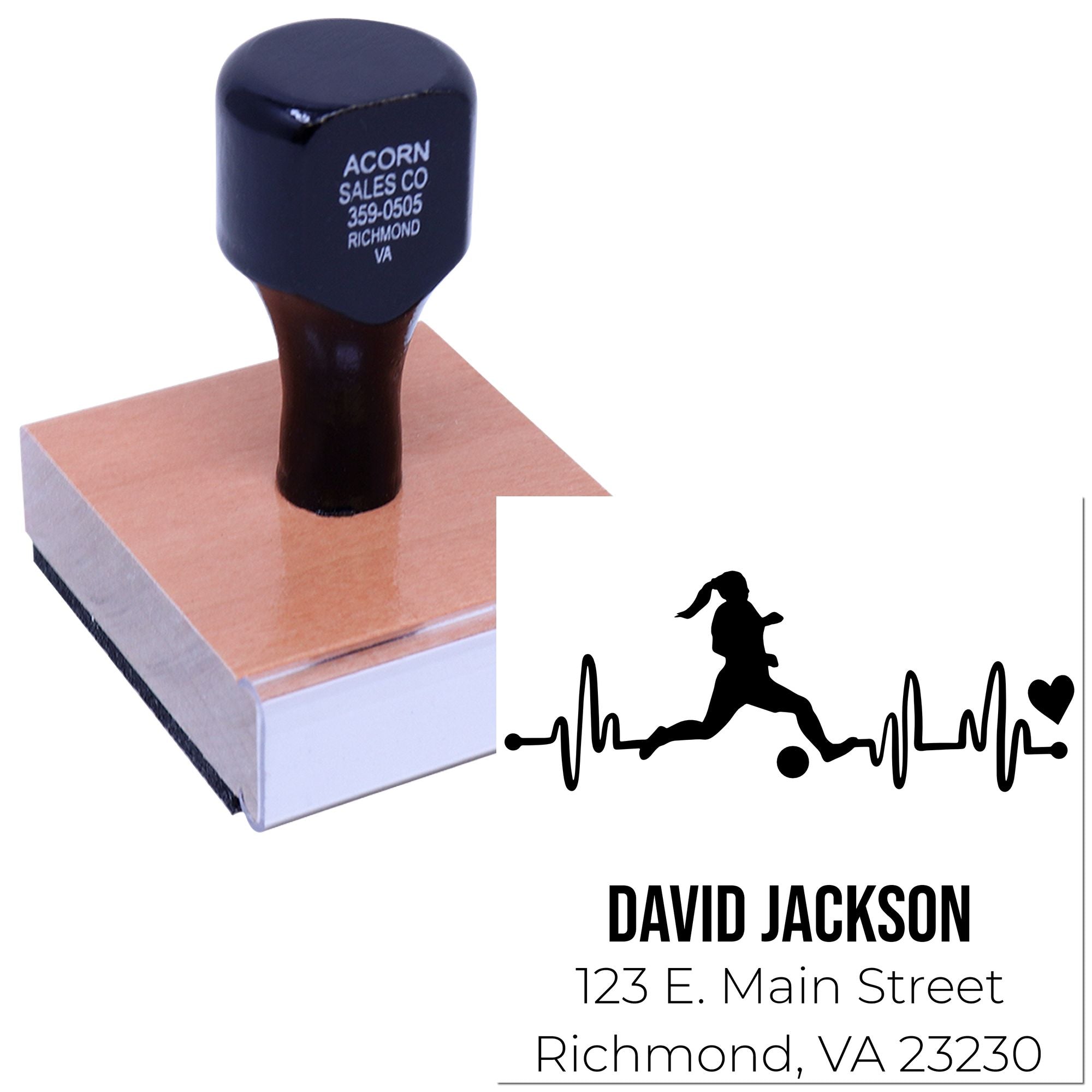 Custom return address rubber stamp with runner heartbeat logo, name, and Richmond, VA address.