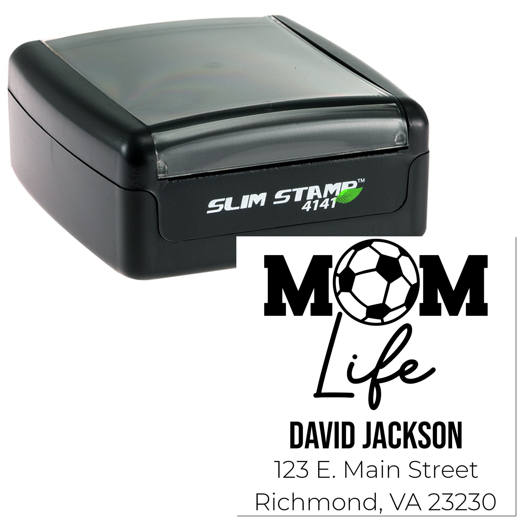 Self-inking rubber stamp proof with custom Mom Life soccer design, name, and address for personalized stationery.