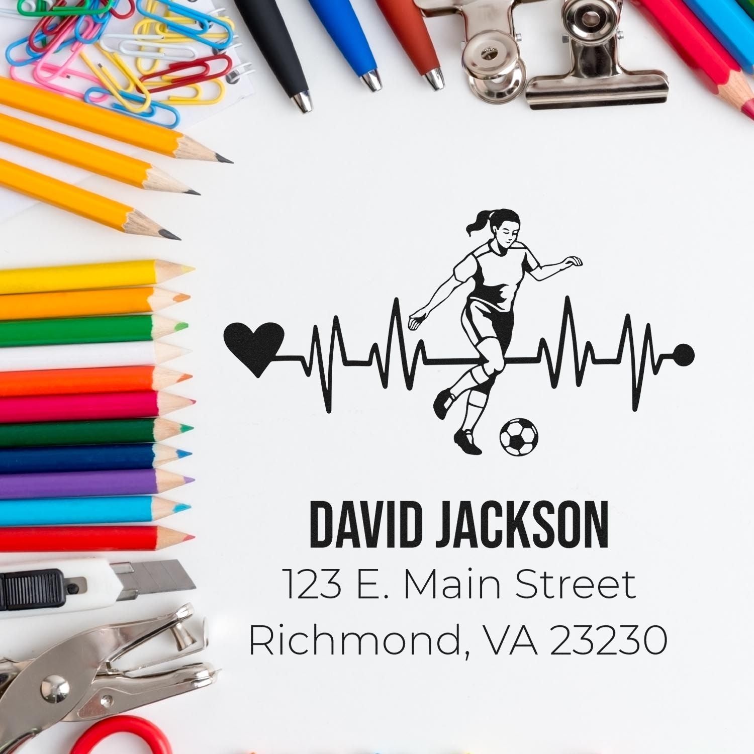 Custom soccer rubber stamp with athlete heartbeat design, personalized David Jackson return address stamp for envelopes.