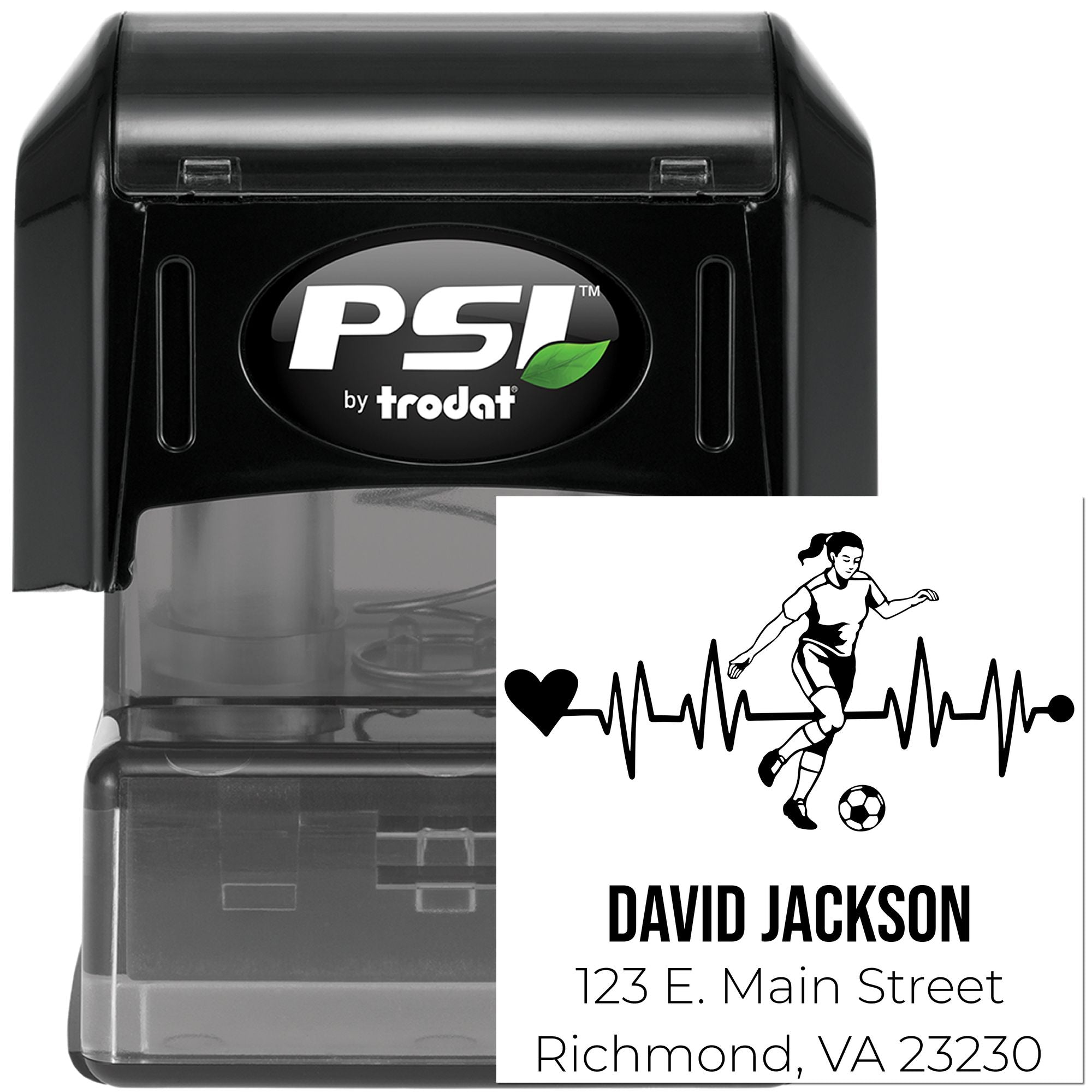 Custom rubber stamp with self-inking PSI by Trodat, soccer player heartbeat design, personalized name and address.