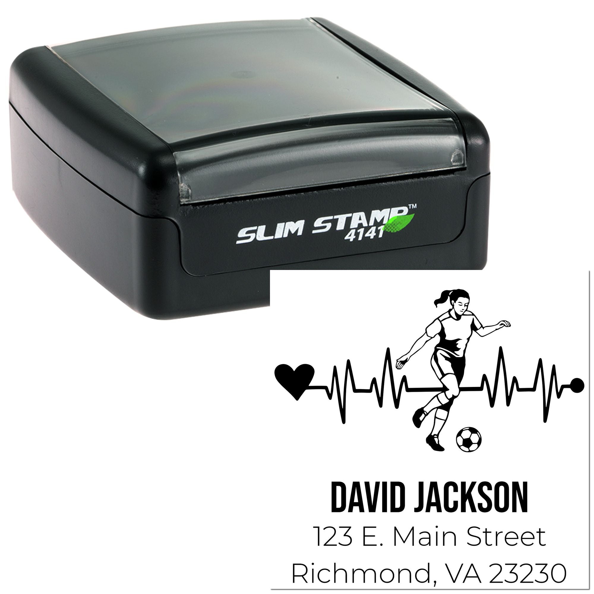 Custom self-inking rubber address stamp with soccer heartbeat design and personalized name, for sports-themed mail.