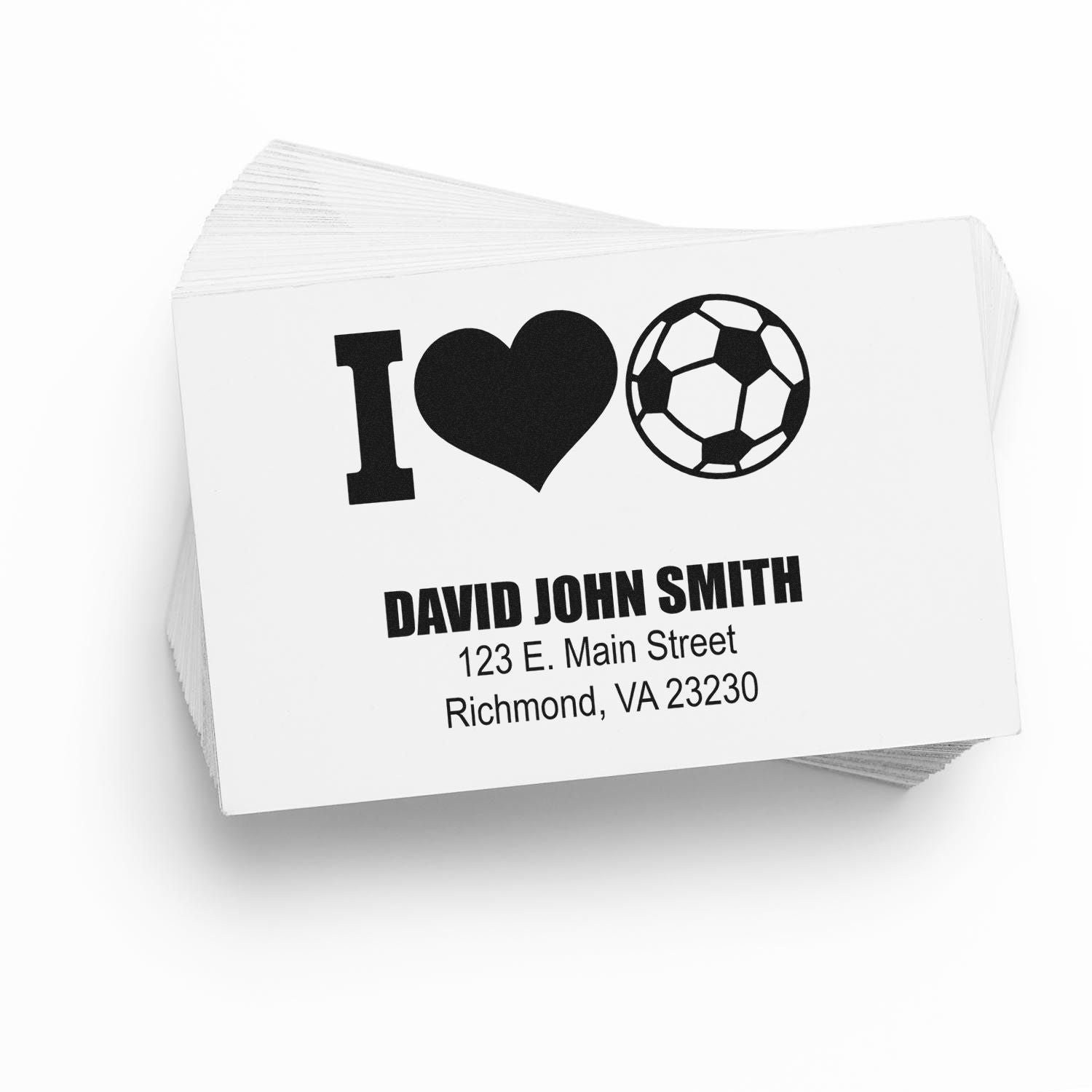 Custom rubber stamp with I love soccer design, personalized name, and address for sports fan stationery.