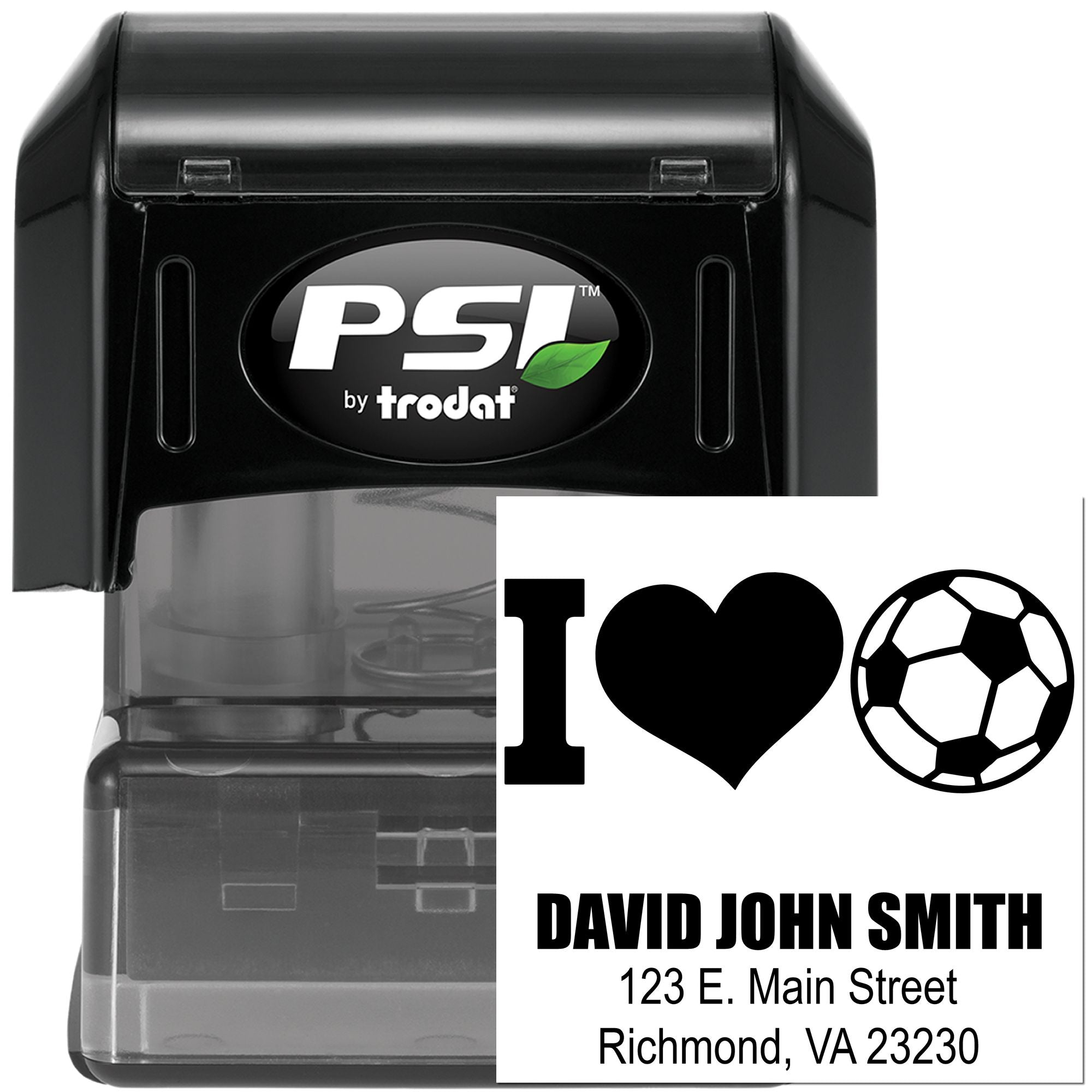 Custom self-inking rubber stamp with soccer icon and personalized name, address, and I love soccer design.
