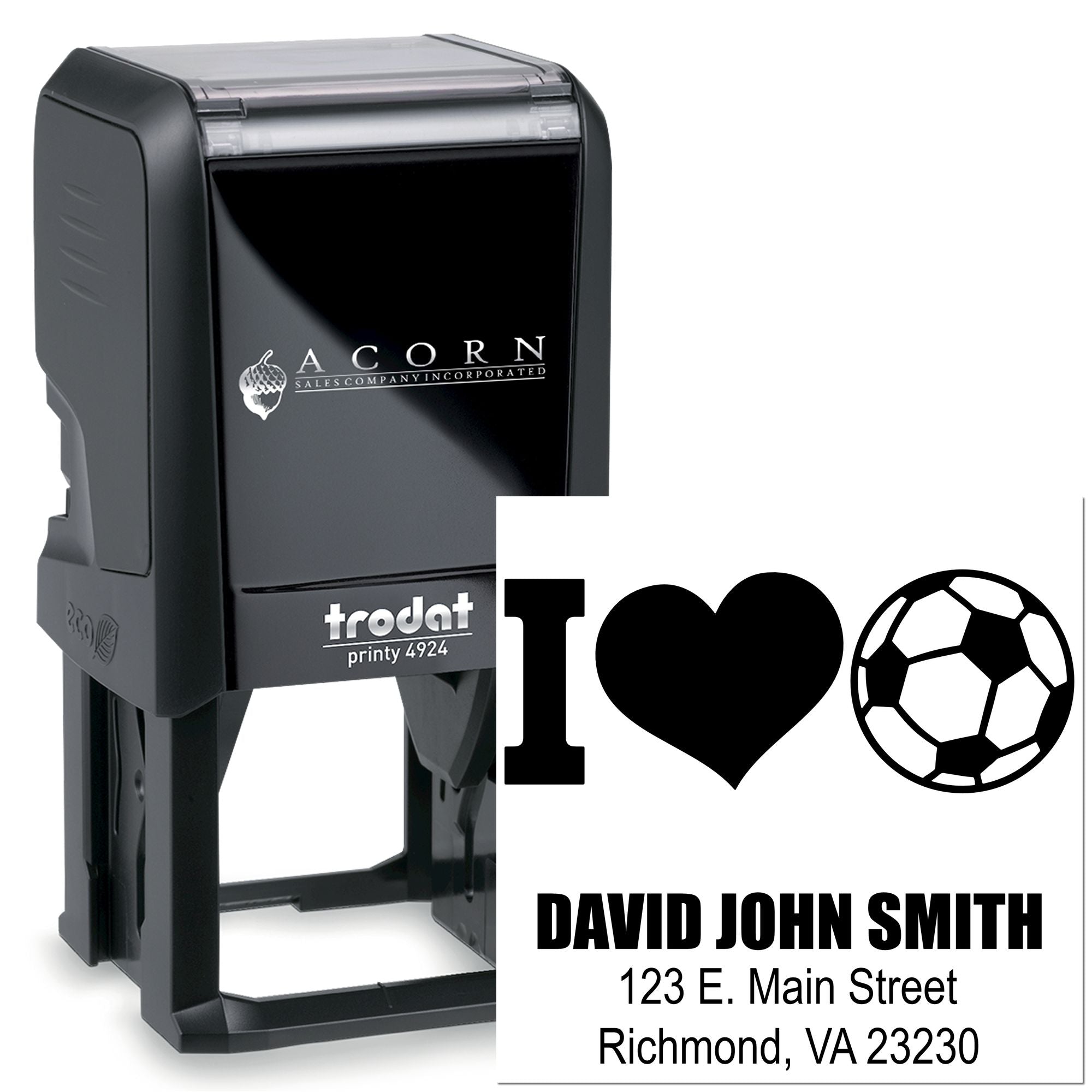 Custom self-inking rubber stamp with I love soccer design and return address, ideal for personalized business or craft stamping.