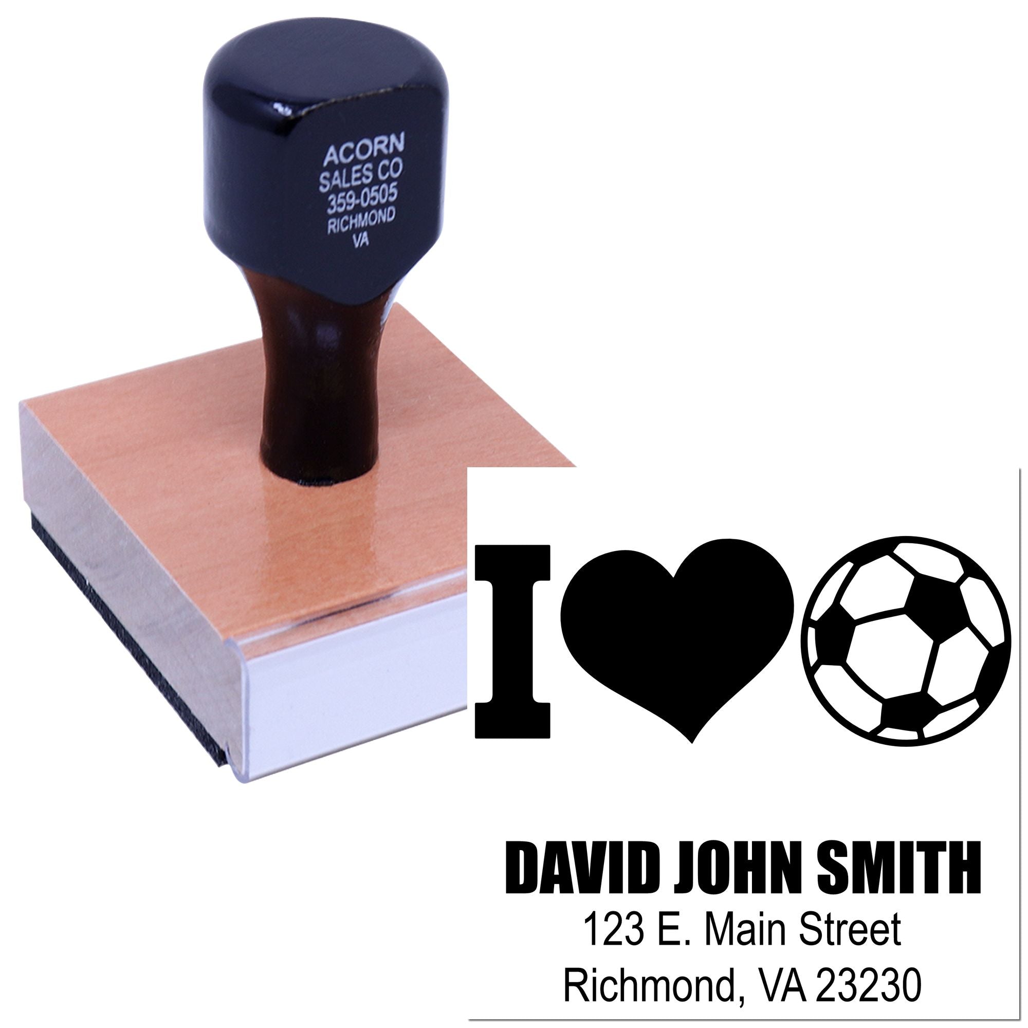Custom rubber stamp featuring an I love soccer design with personalized name and address.