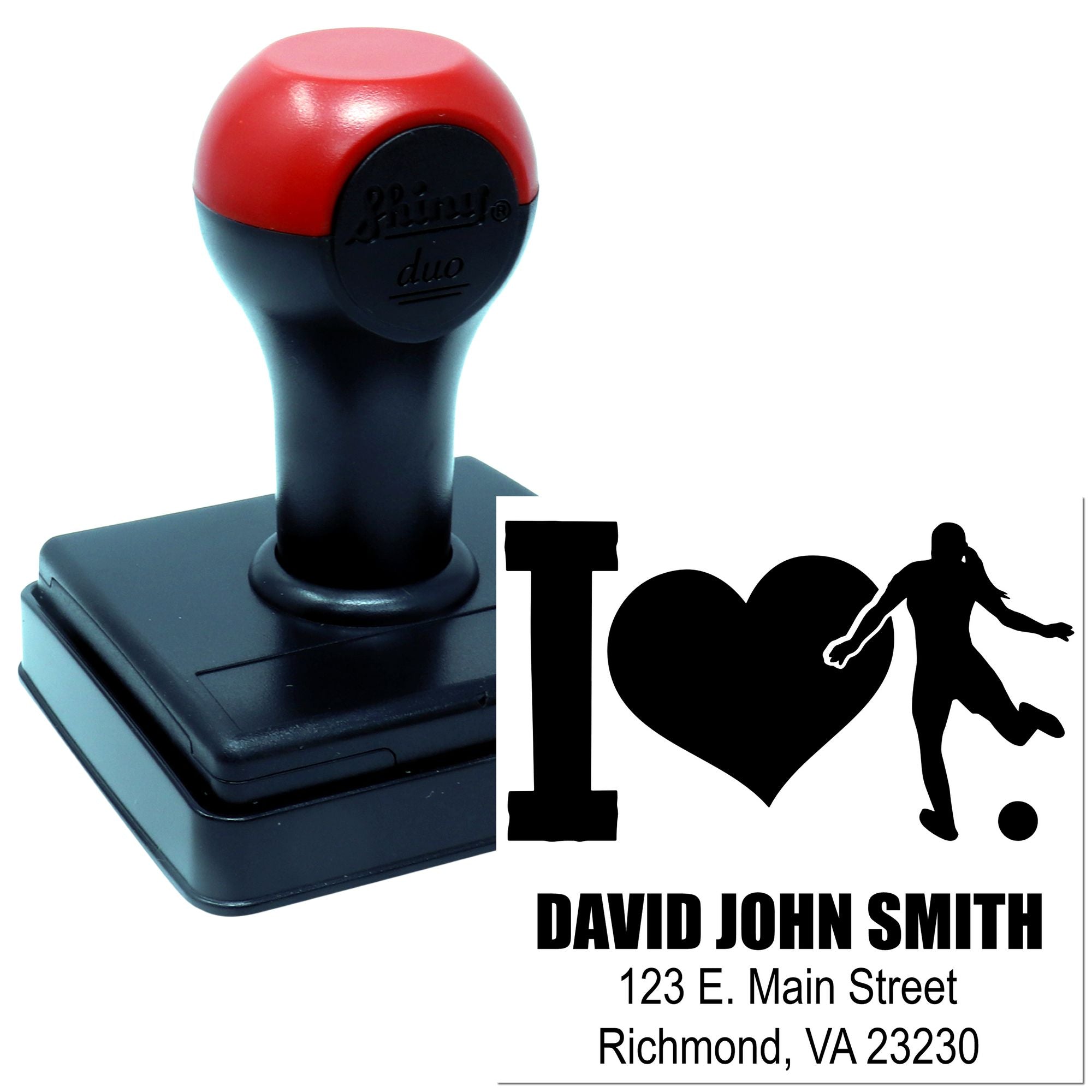 Custom self-inking rubber stamp with I ? design and personalized name/address imprint for business or event branding.