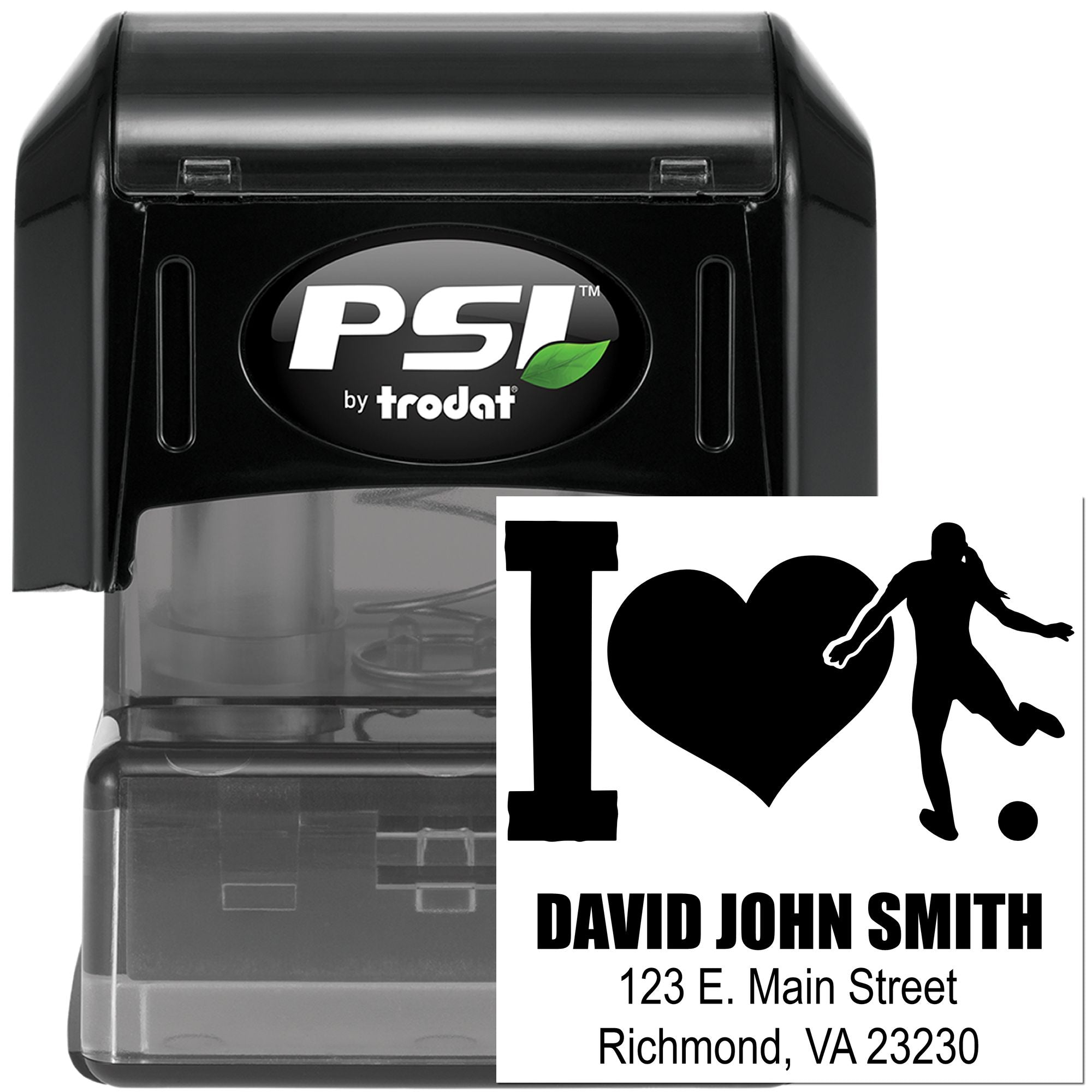 Custom self-inking rubber stamp by PSI Trodat with soccer I love design and personalized name and address.
