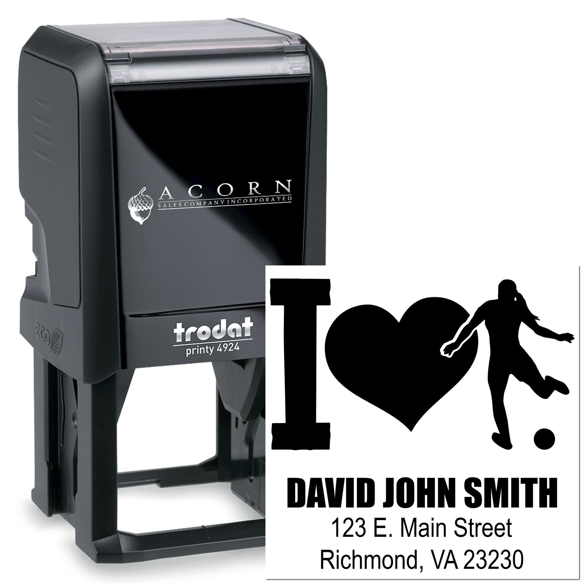 Custom self-inking rubber stamp with I ? design, personalized name and address, Trodat Printy 4924.