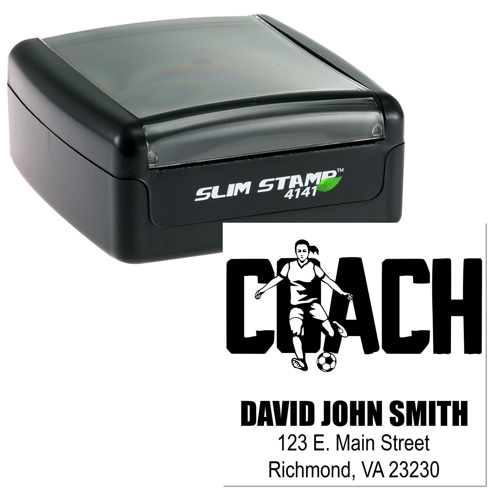 Custom self-inking soccer coach rubber stamp with name and address imprint