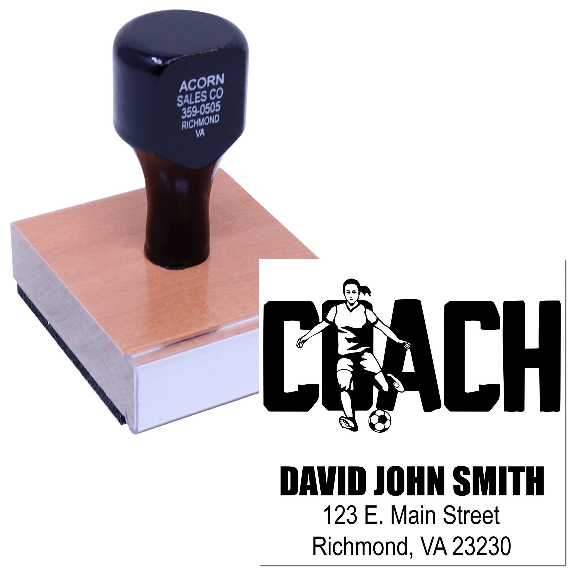 Personalized coach rubber stamp with name, logo, and Richmond, VA address for sports team mailings.