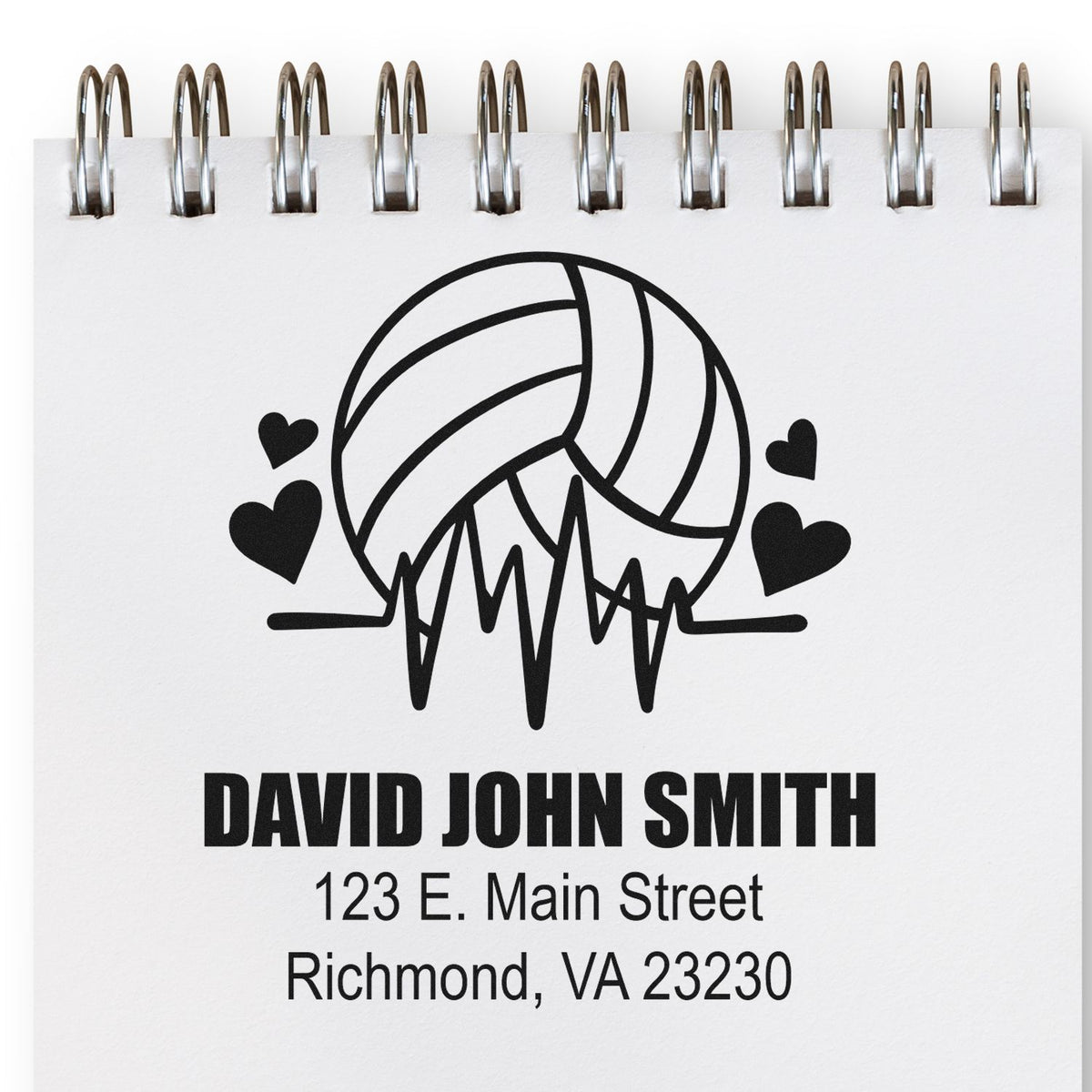Custom volleyball rubber stamp with name and return address for David John Smith, Richmond, VA 23230.