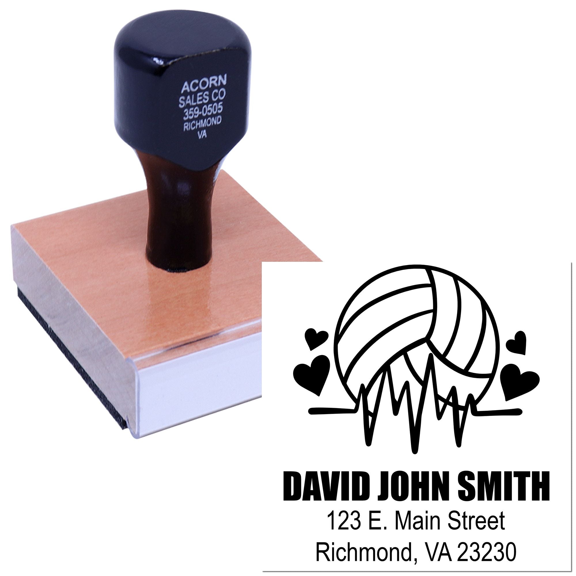 Personalized return address rubber stamp with volleyball logo, name, and Richmond, VA address.