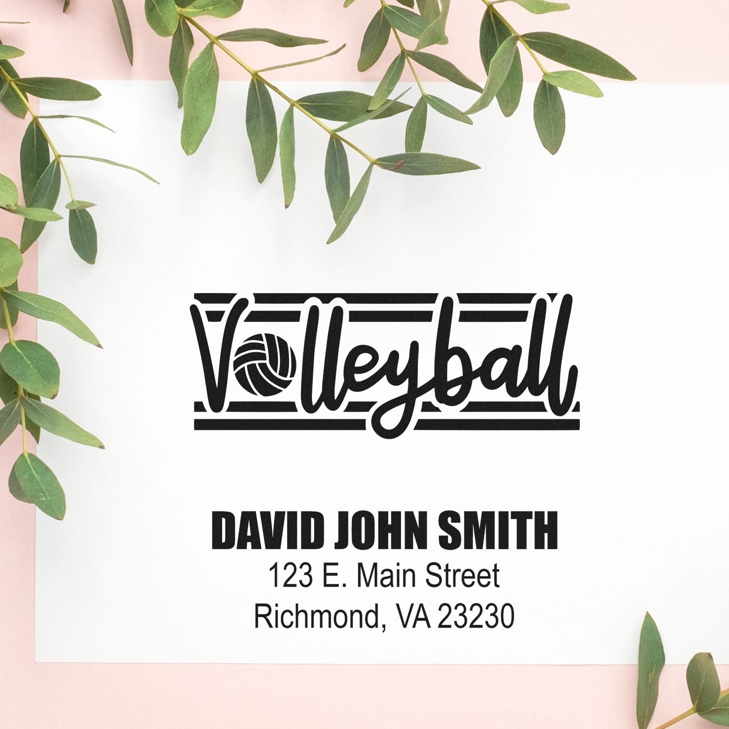 Personalized volleyball return address rubber stamp with name and Richmond, VA 23230 address