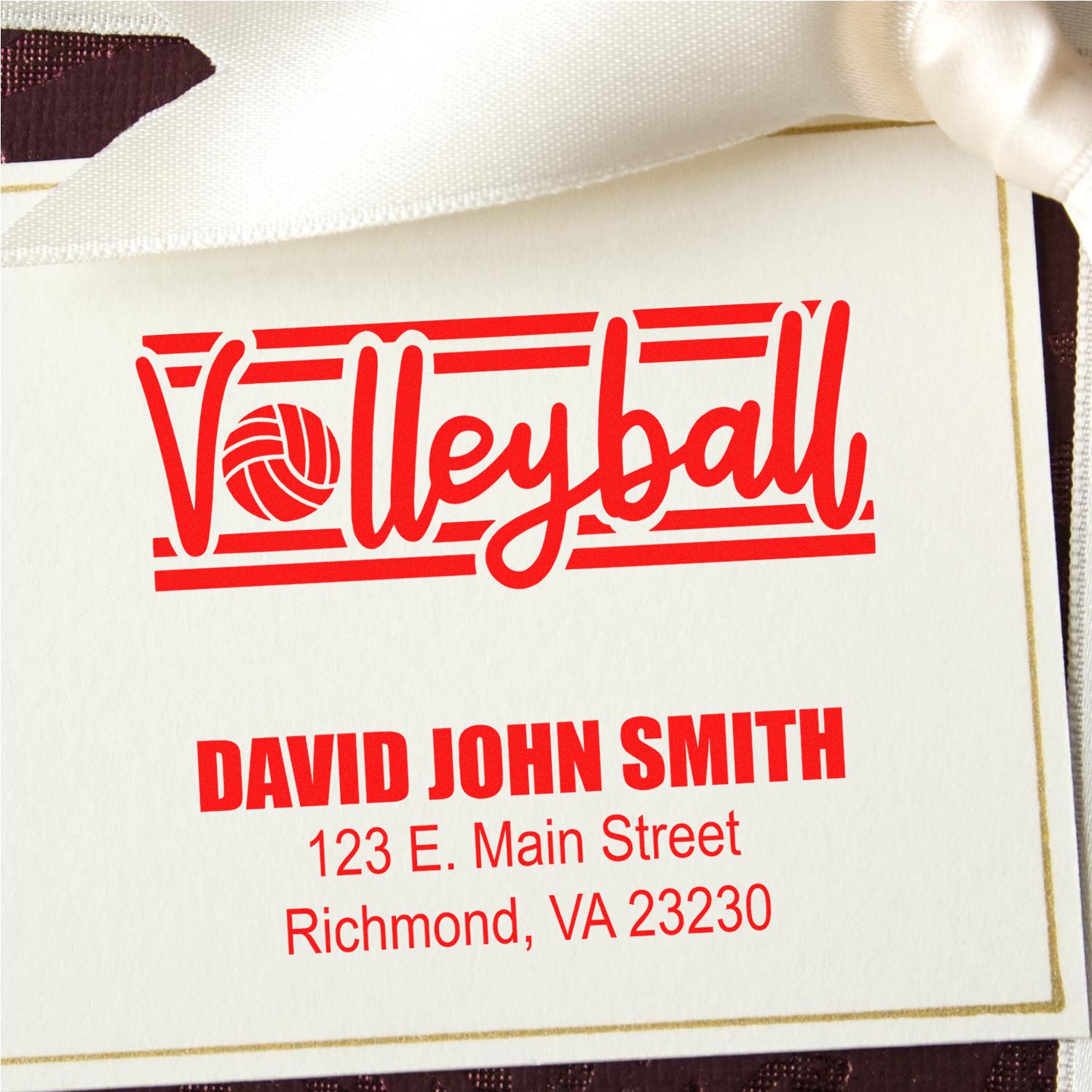 Personalized volleyball return address rubber stamp with name and Richmond, VA address for wedding invitations and stationery