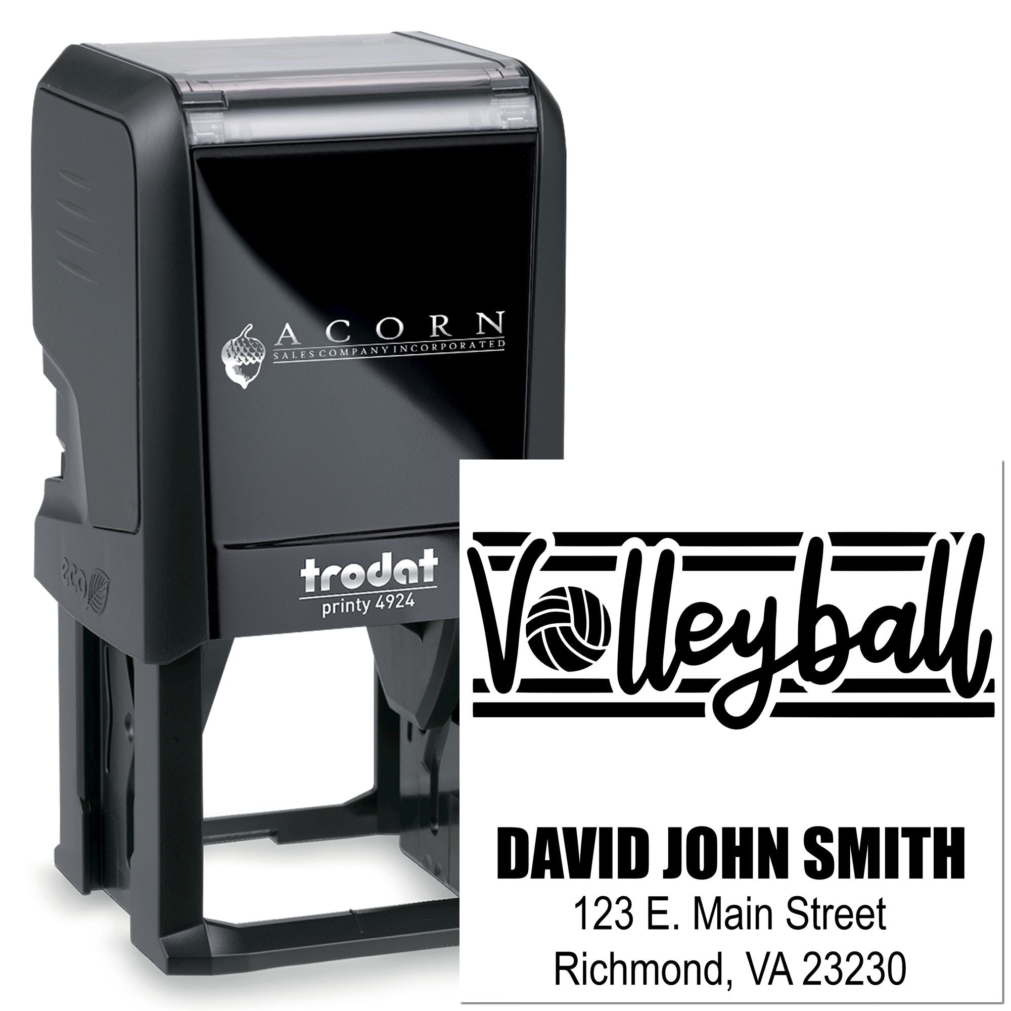 Trodat Printy 4924 self-inking rubber stamp with custom volleyball logo, name, and address imprint for coaches or teams.