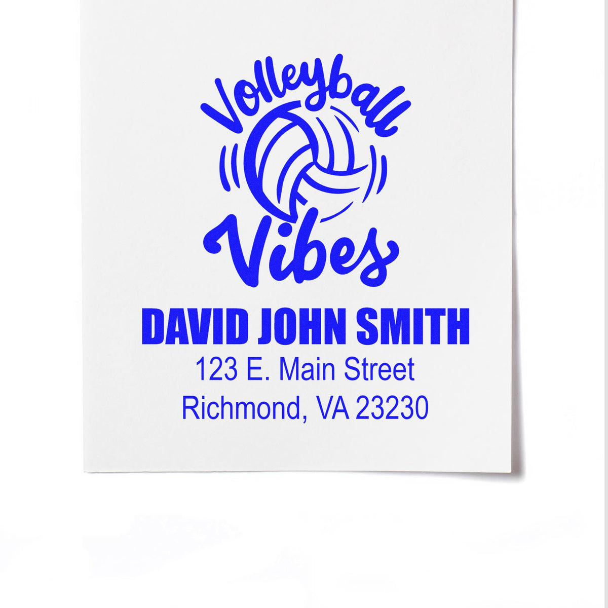Custom volleyball rubber stamp with Volleyball Vibes logo and personalized name/address for David John Smith in Richmond, VA.